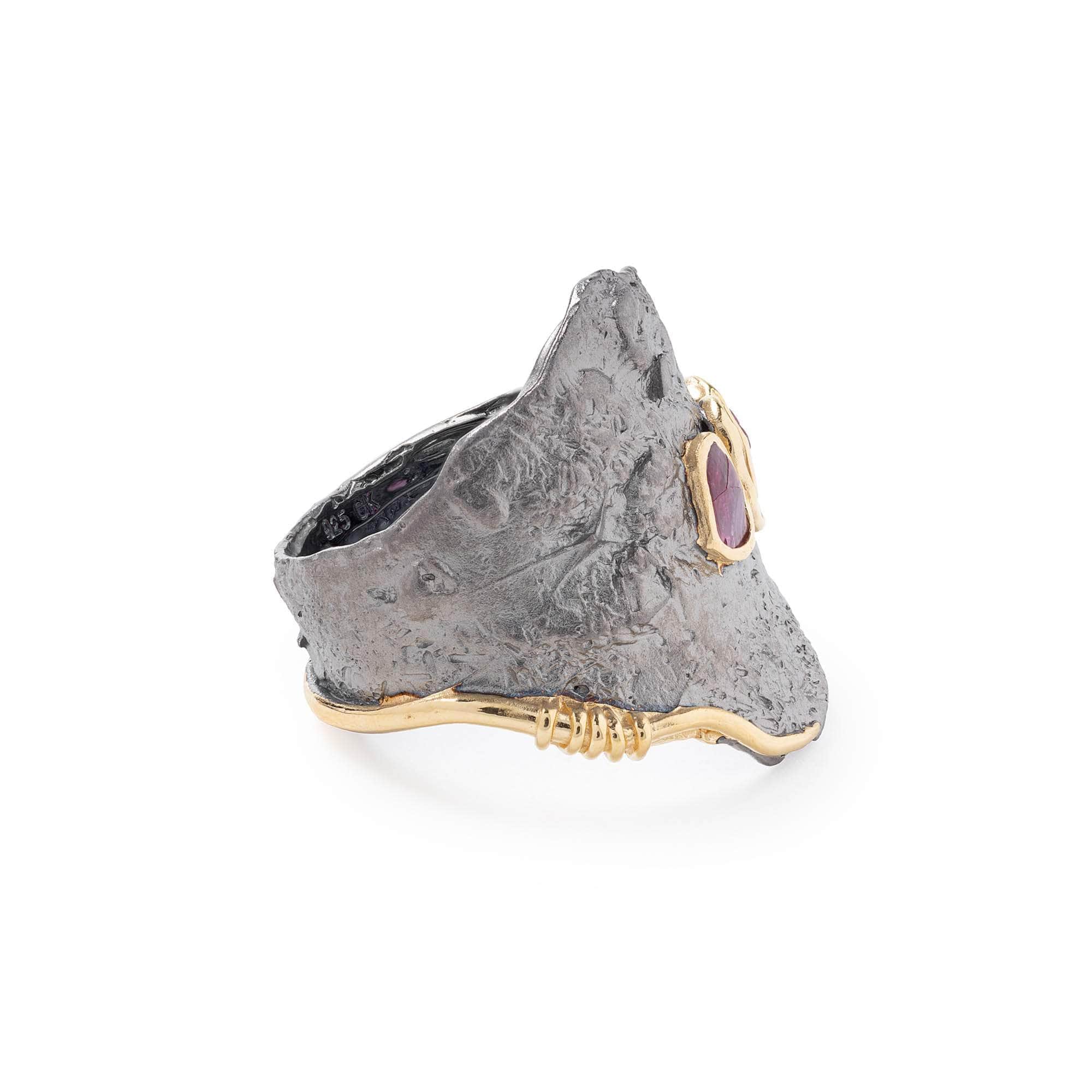 Pele Iconic Design Handcrafted Raw Ruby Ring in 925 Sterling Silver (Black Rhodium & 18K Gold)