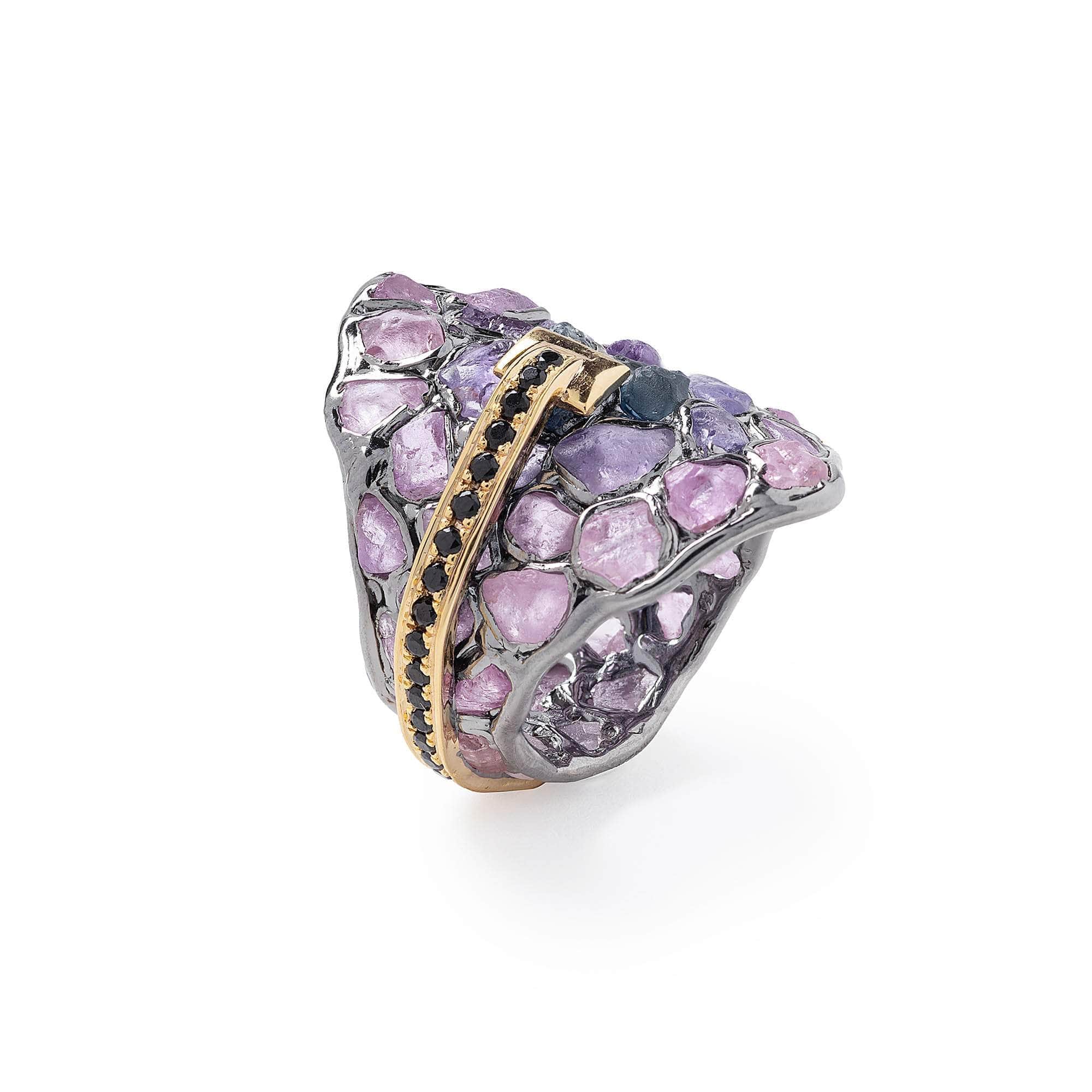 Hephae Singular Design Rough Sapphire & Black Spinel Ring Statement Ring in 925 Silver