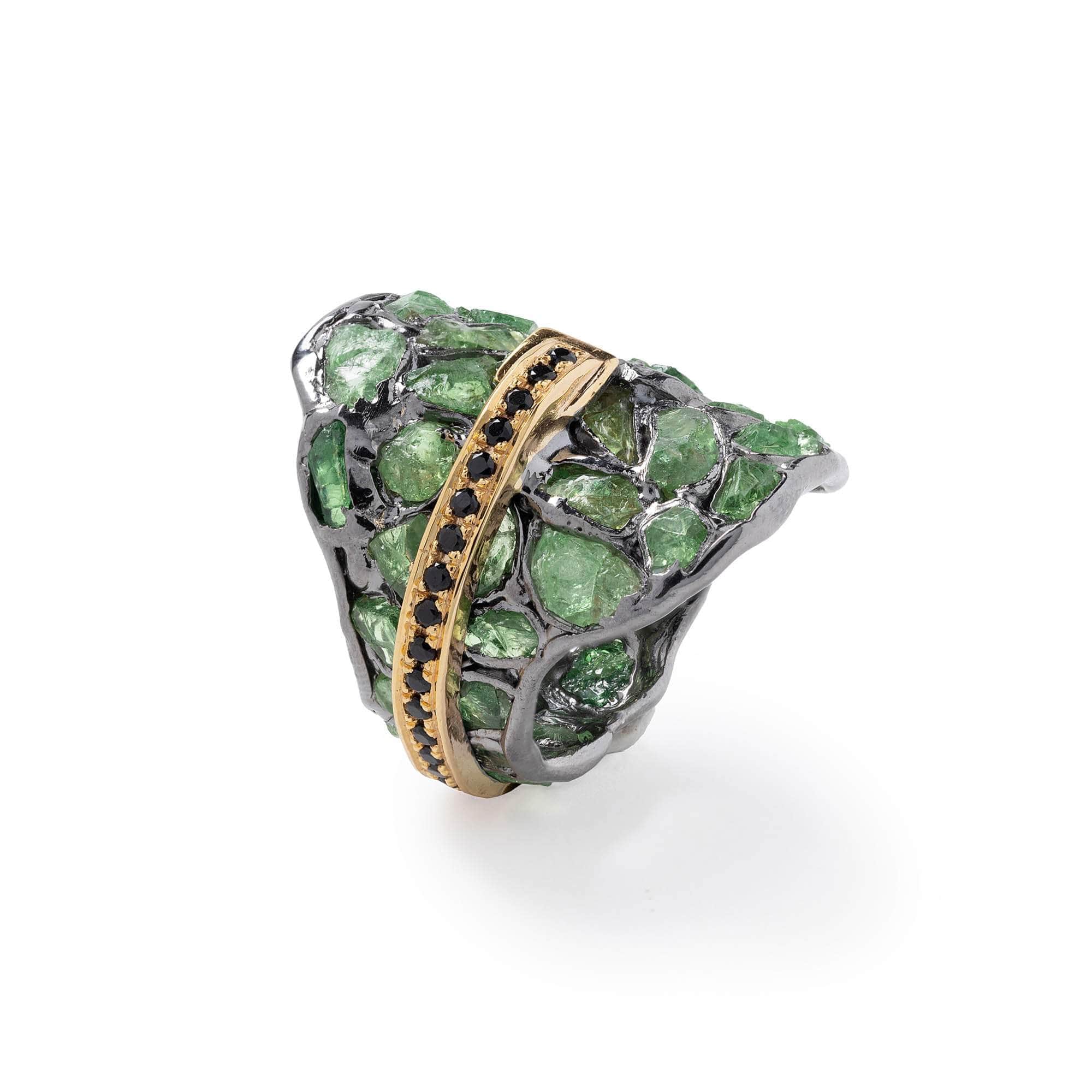 Ninoo Singular Design Rough Tsavorite & Spinel Statement Ring in 925 Sterling Silver