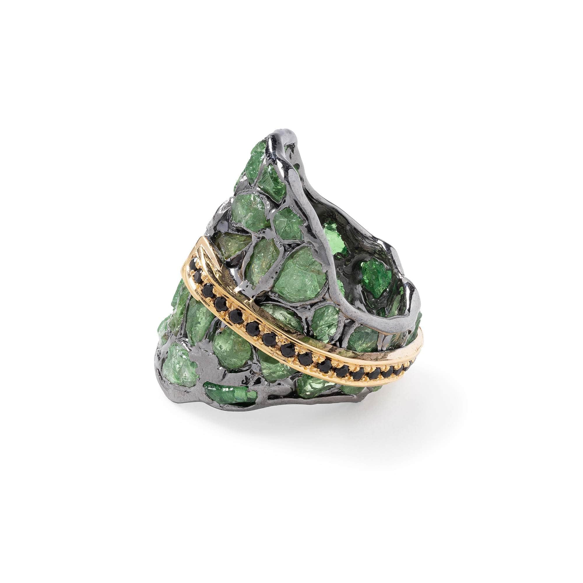 Ninoo Singular Design Rough Tsavorite & Spinel Statement Ring in 925 Sterling Silver