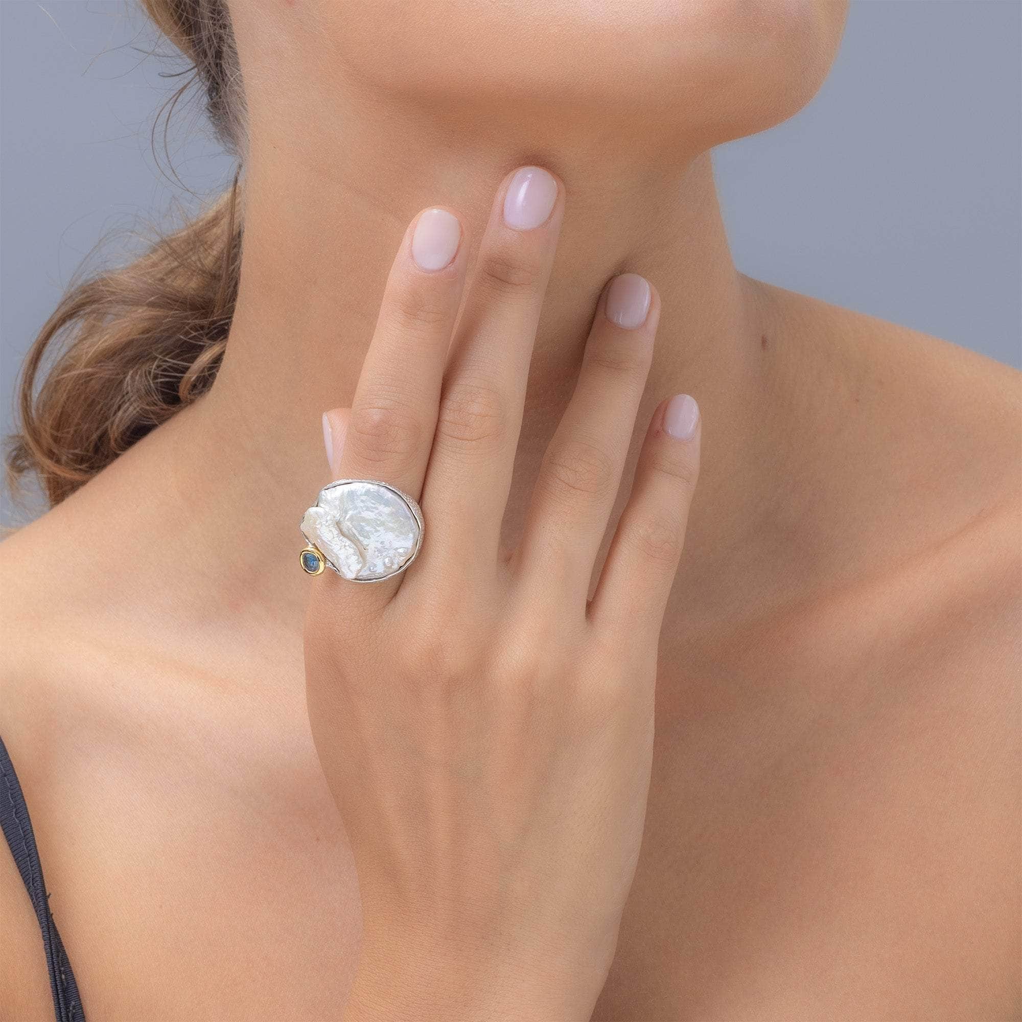 Tau 925 Silver Ring with Baroque Pearl & Natural Blue Sapphire