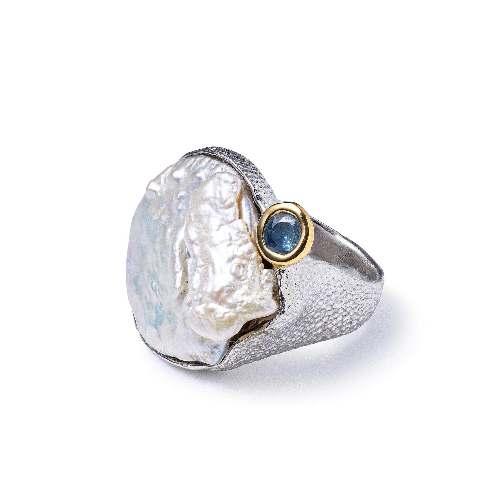 Tau 925 Silver Ring with Baroque Pearl & Natural Blue Sapphire