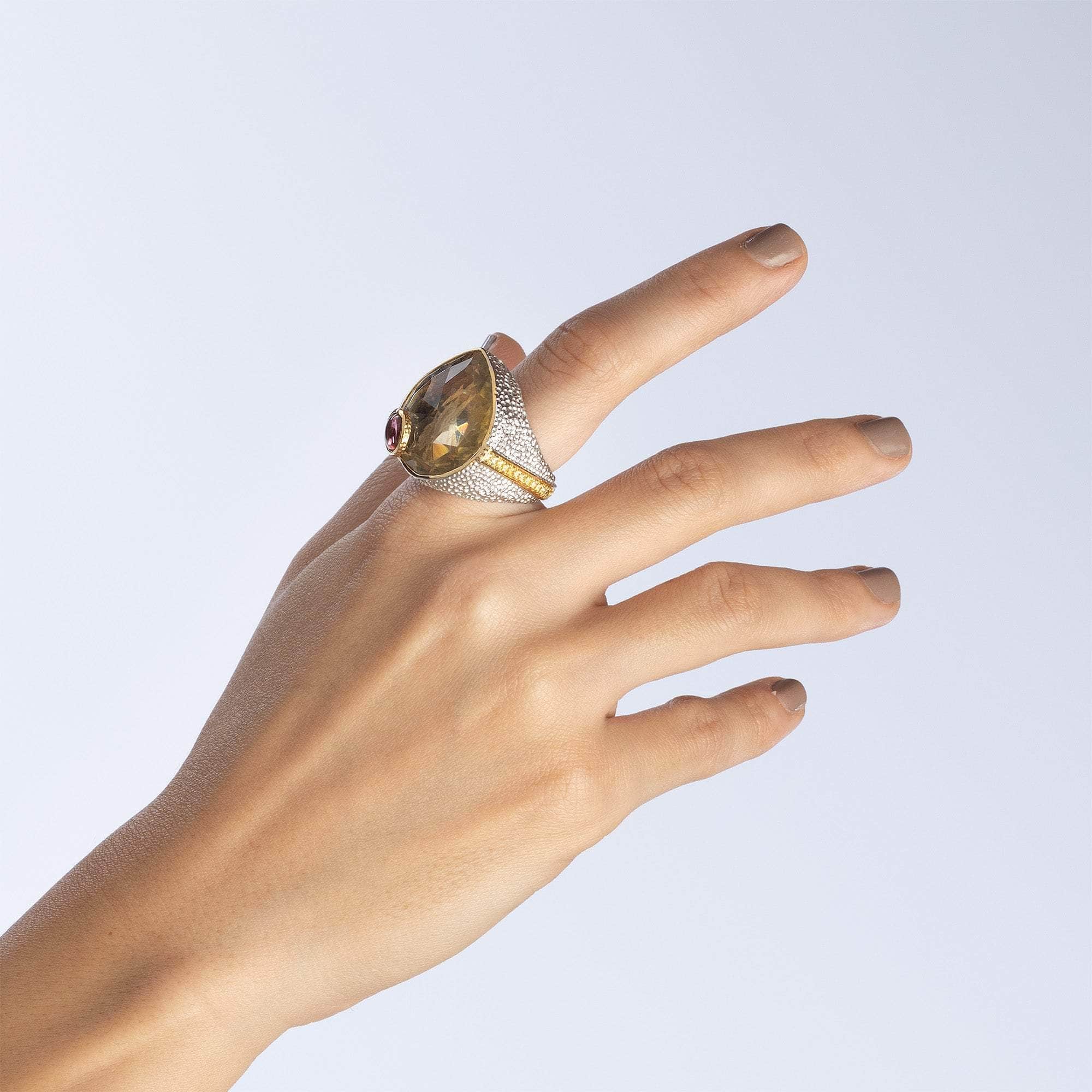 Sargone Lemon Quartz and Tourmaline Ring