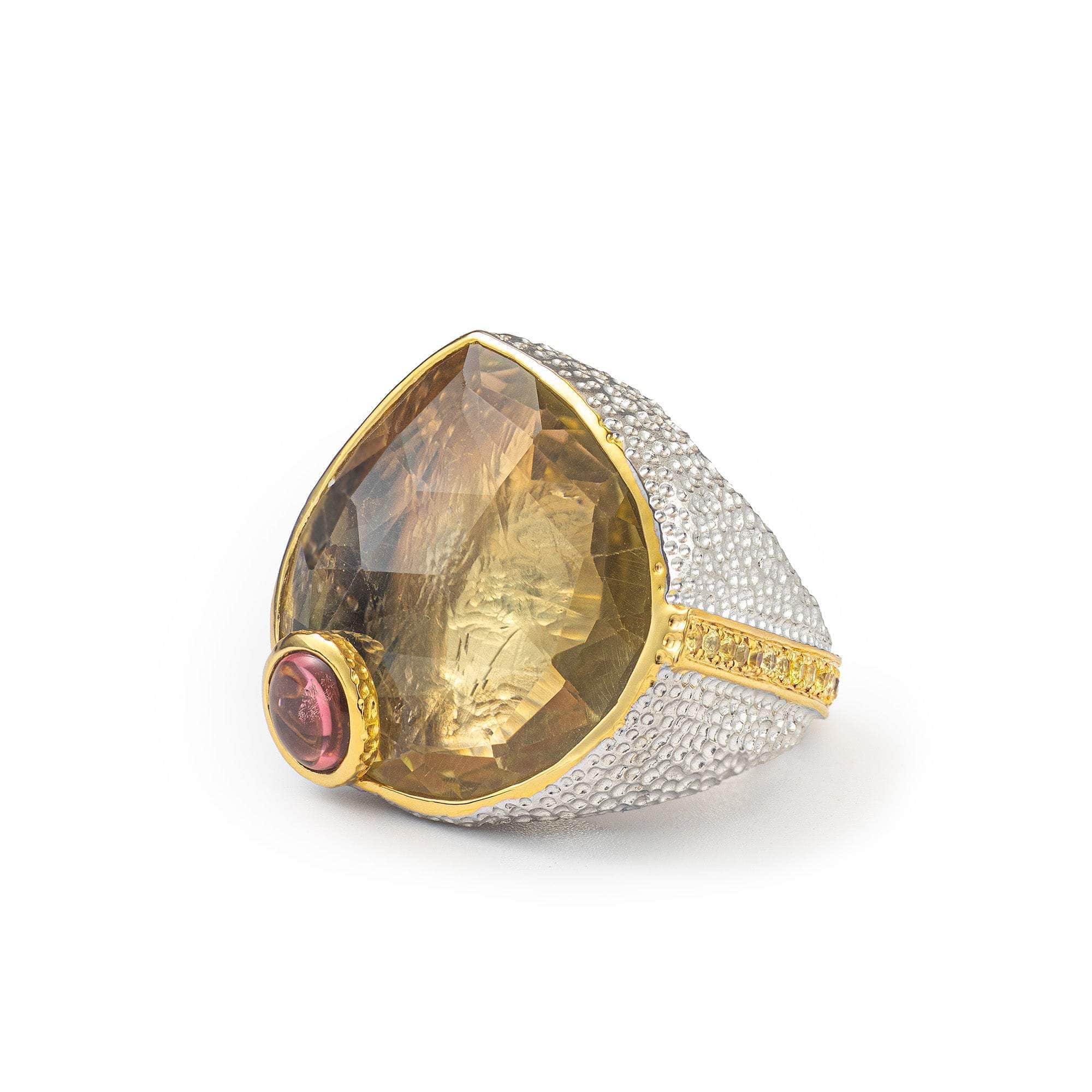 Sargone Lemon Quartz and Tourmaline Ring
