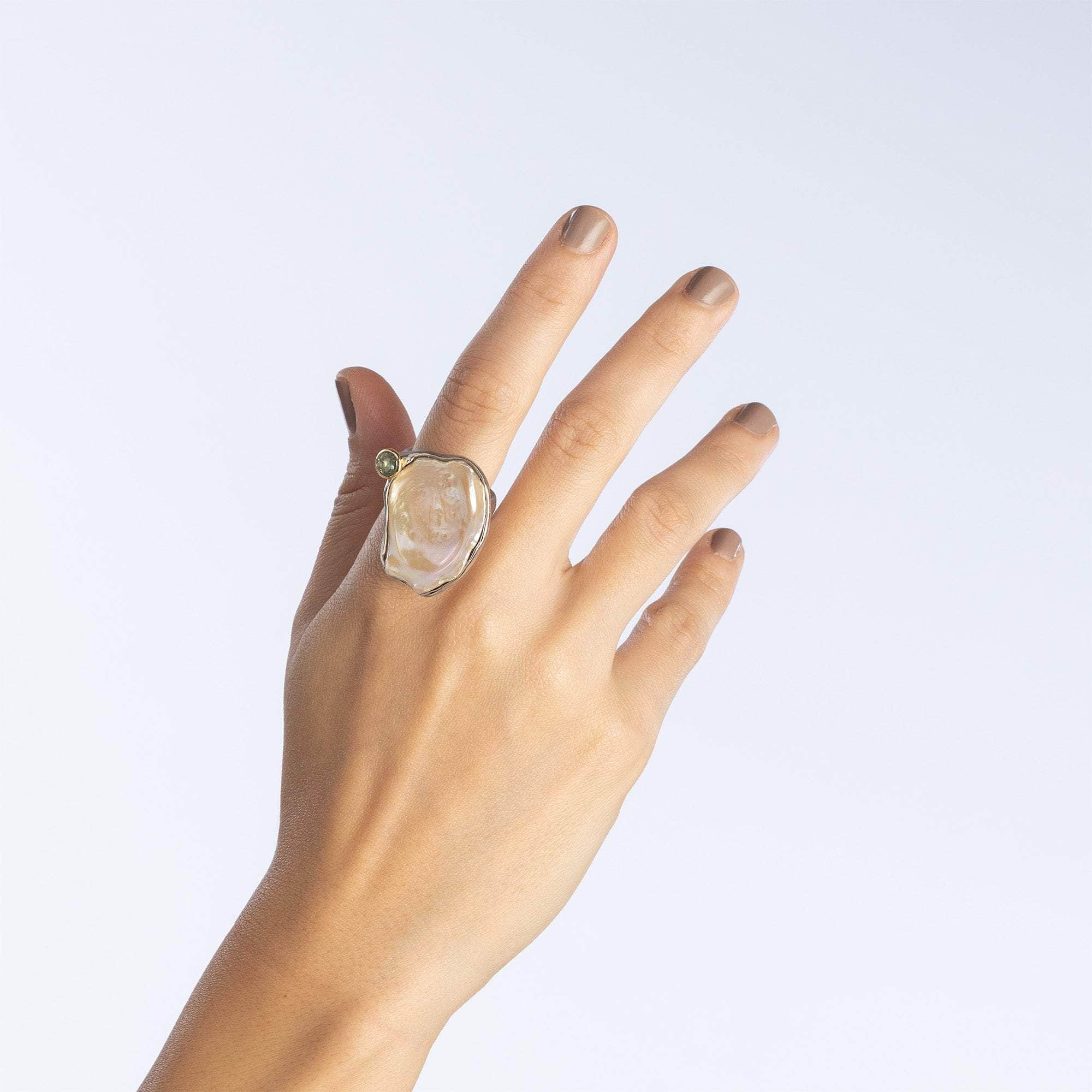 Alecto Baroque Pearl and Sapphire Ring