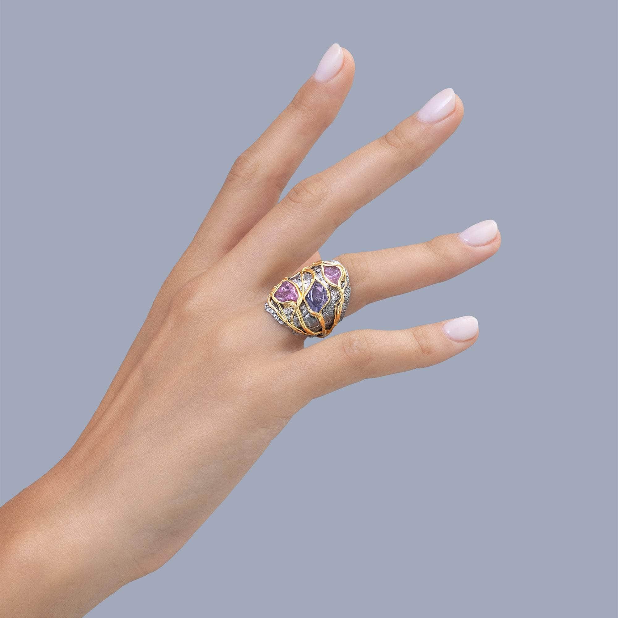 Kappa Singular Edition Organic Raw Spinel Ring in 925 Sterling Silver Black Rhodium and Gold-Plated