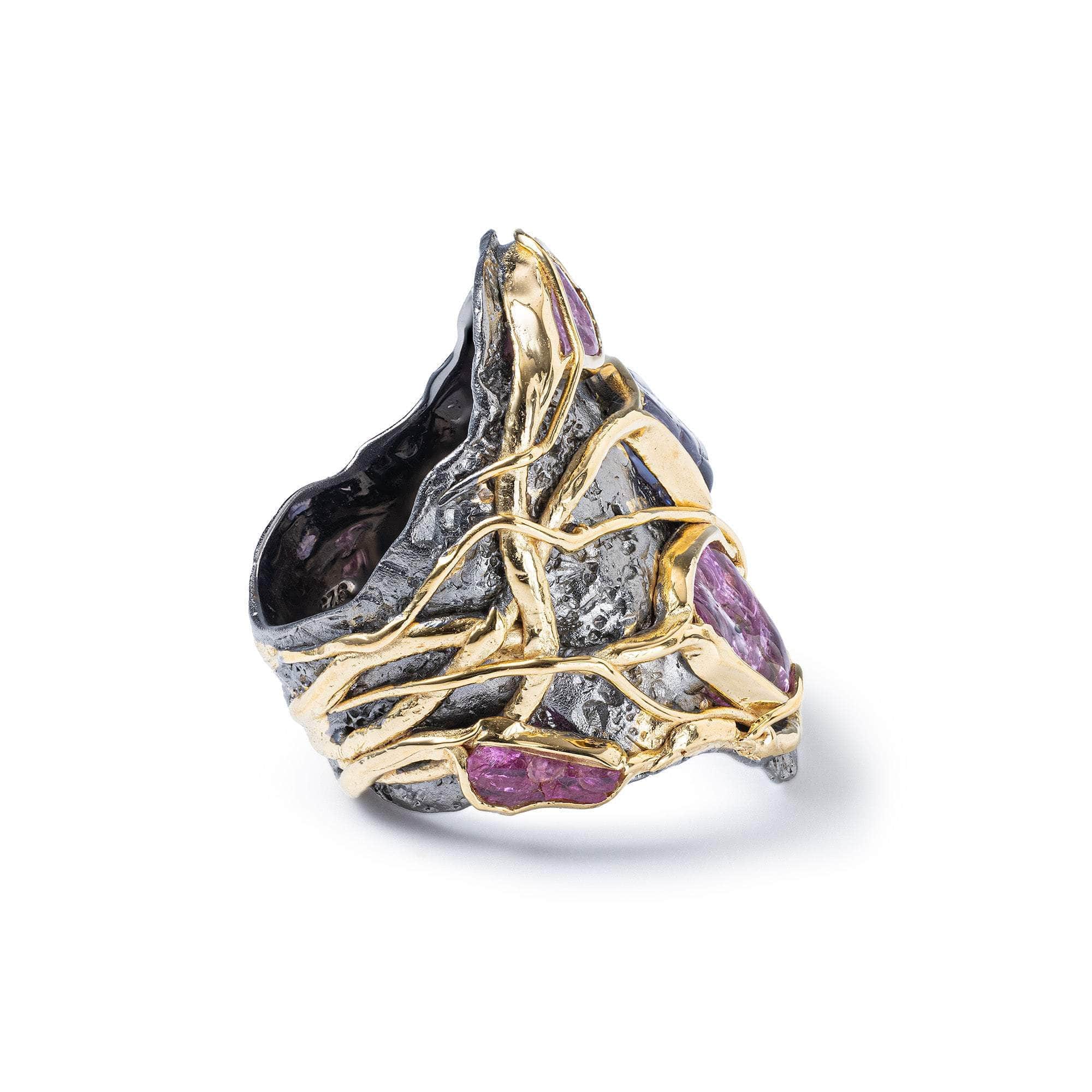 Kappa Singular Edition Organic Raw Spinel Ring in 925 Sterling Silver Black Rhodium and Gold-Plated