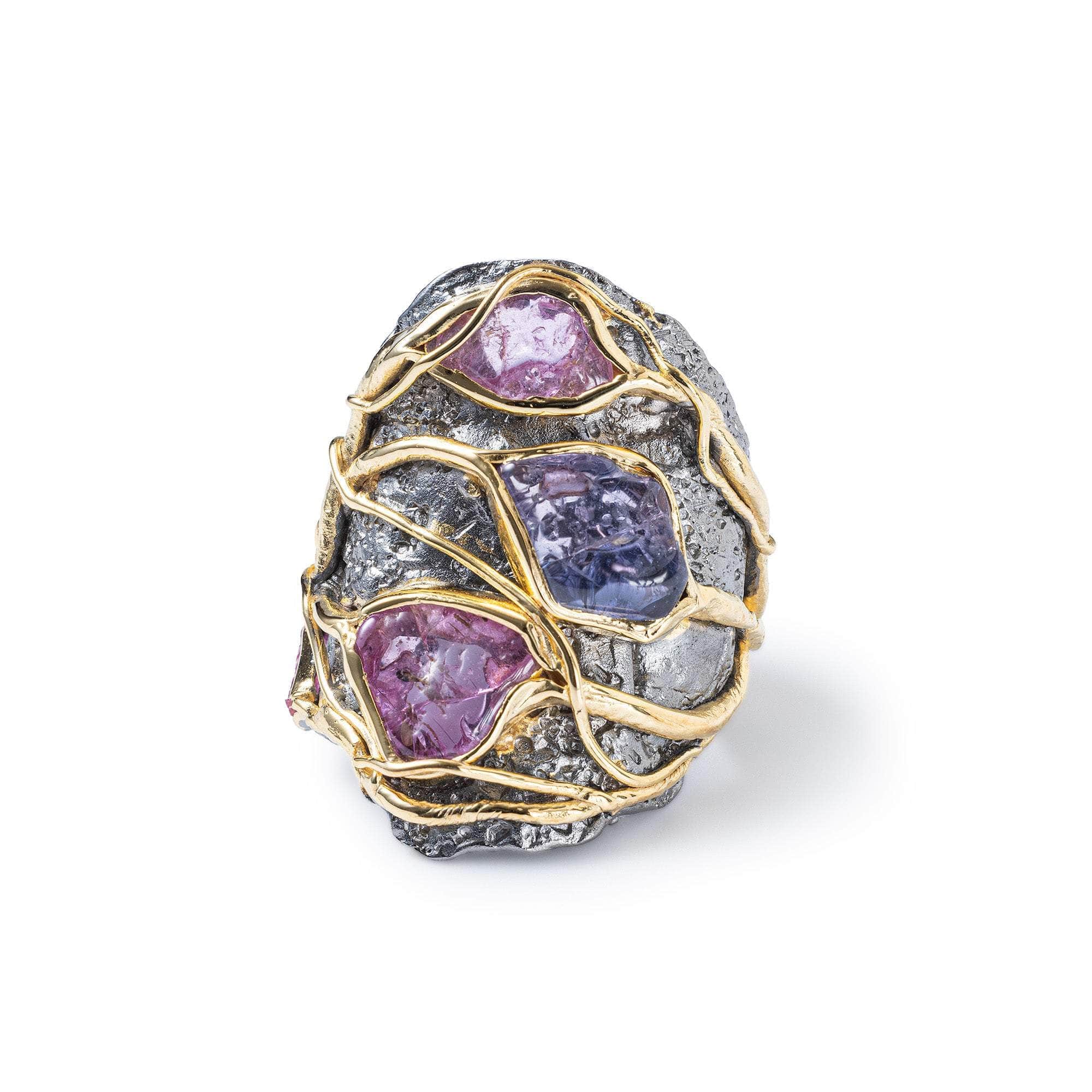 Kappa Singular Edition Organic Raw Spinel Ring in 925 Sterling Silver Black Rhodium and Gold-Plated