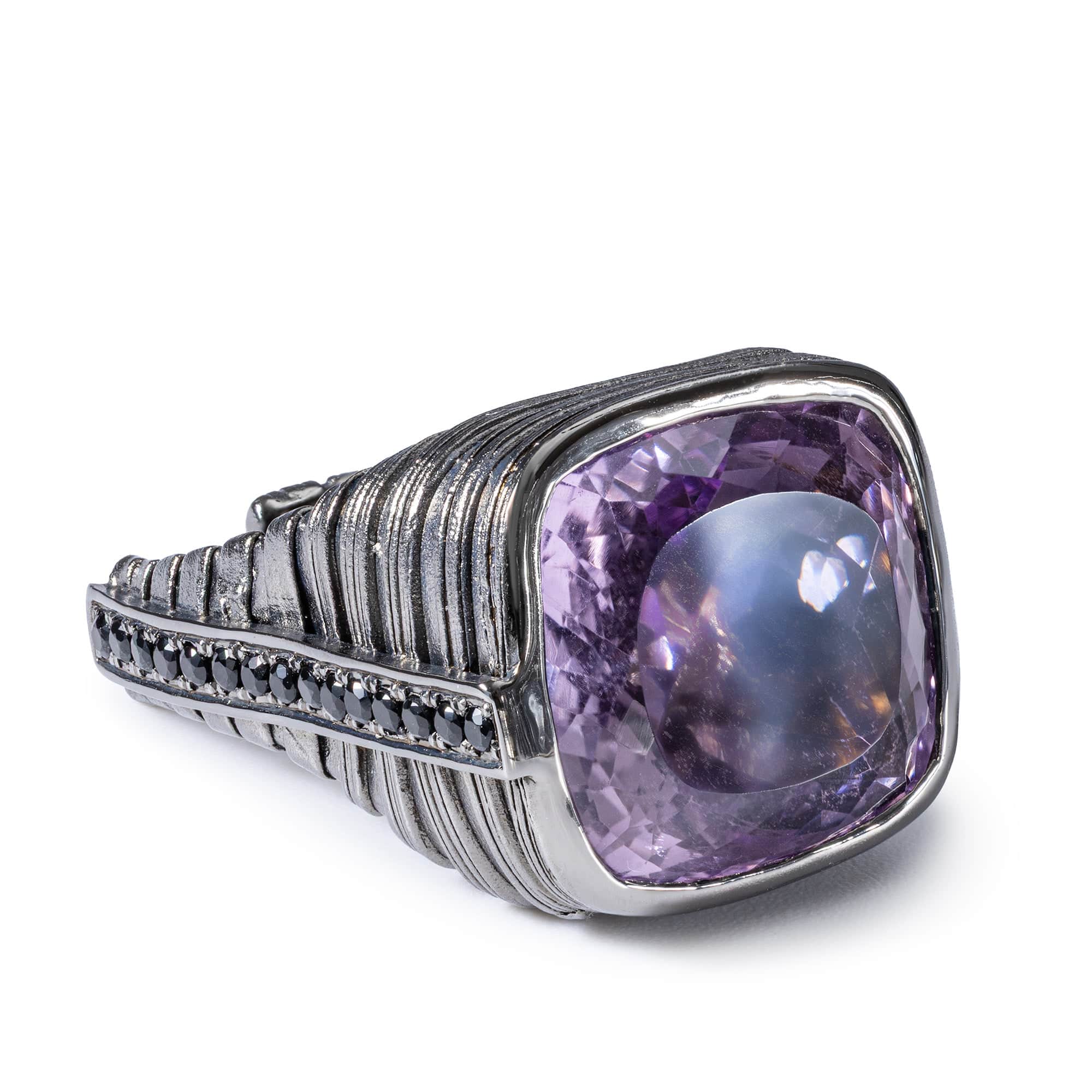 Jabbah Singular Edition Sterling Silver Ring With Amethyst & Black Spinel