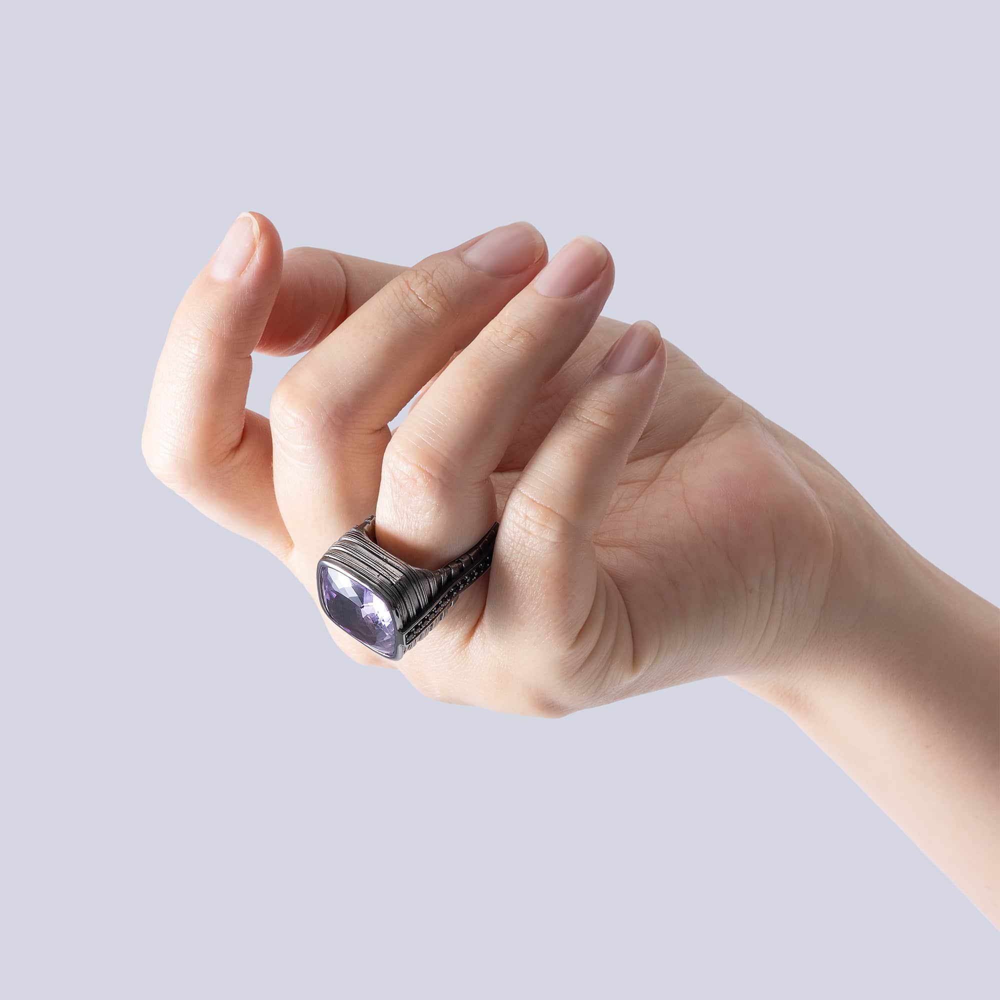 Jabbah Singular Edition Sterling Silver Ring With Amethyst & Black Spinel