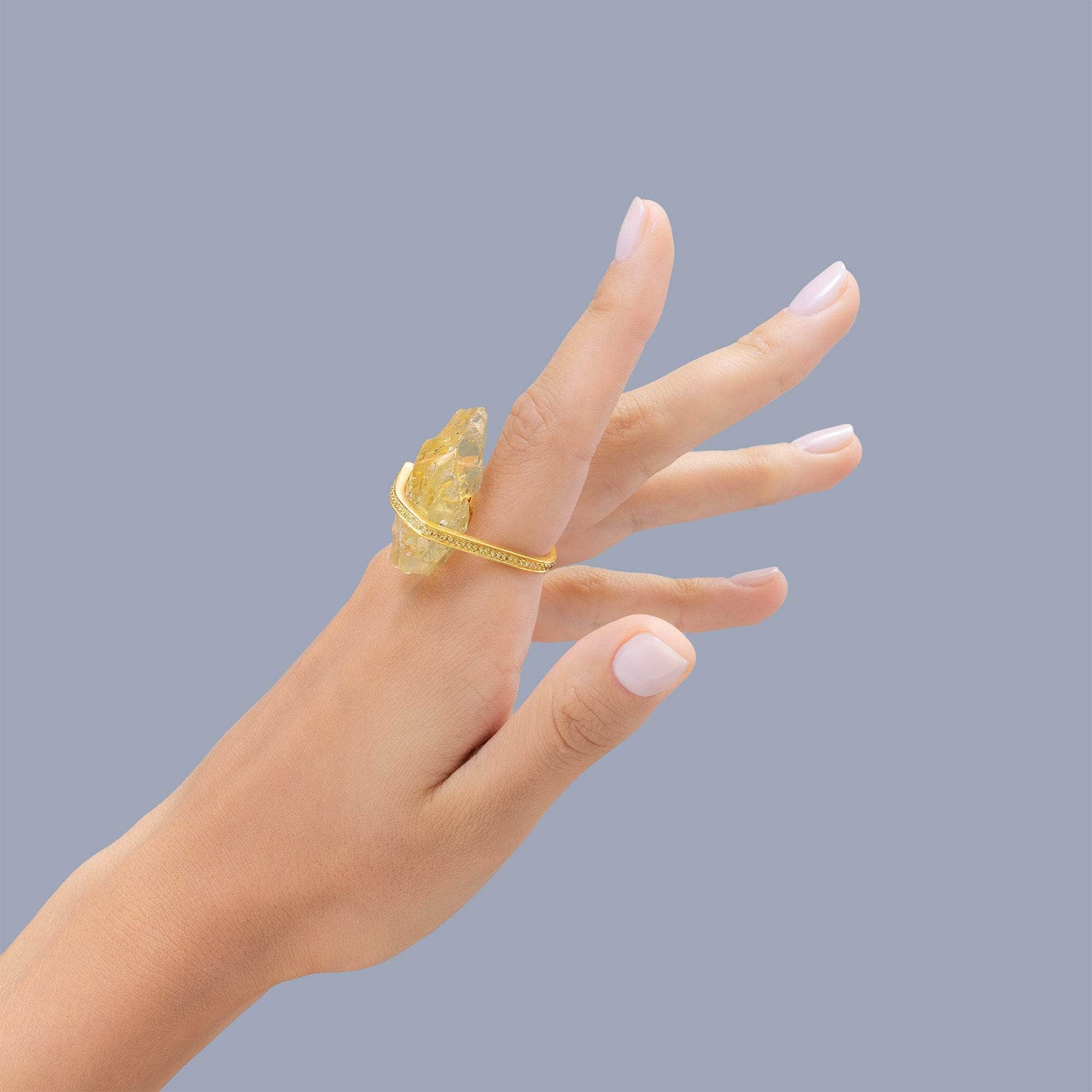 Yemaya Signature Gold-Plated Silver Ring with Rough Lemon Quartz & Sapphire