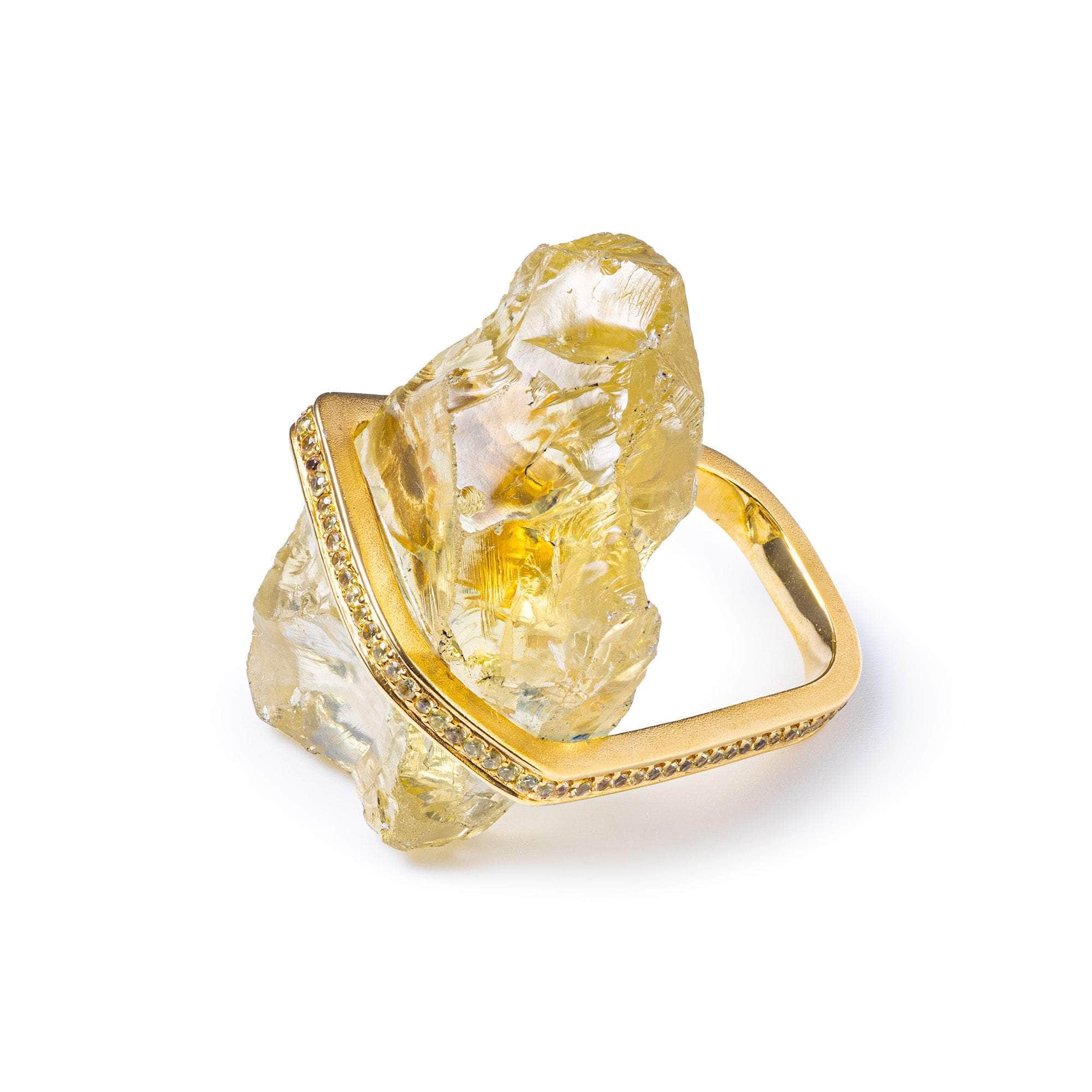 Yemaya Signature Gold-Plated Silver Ring with Rough Lemon Quartz & Sapphire