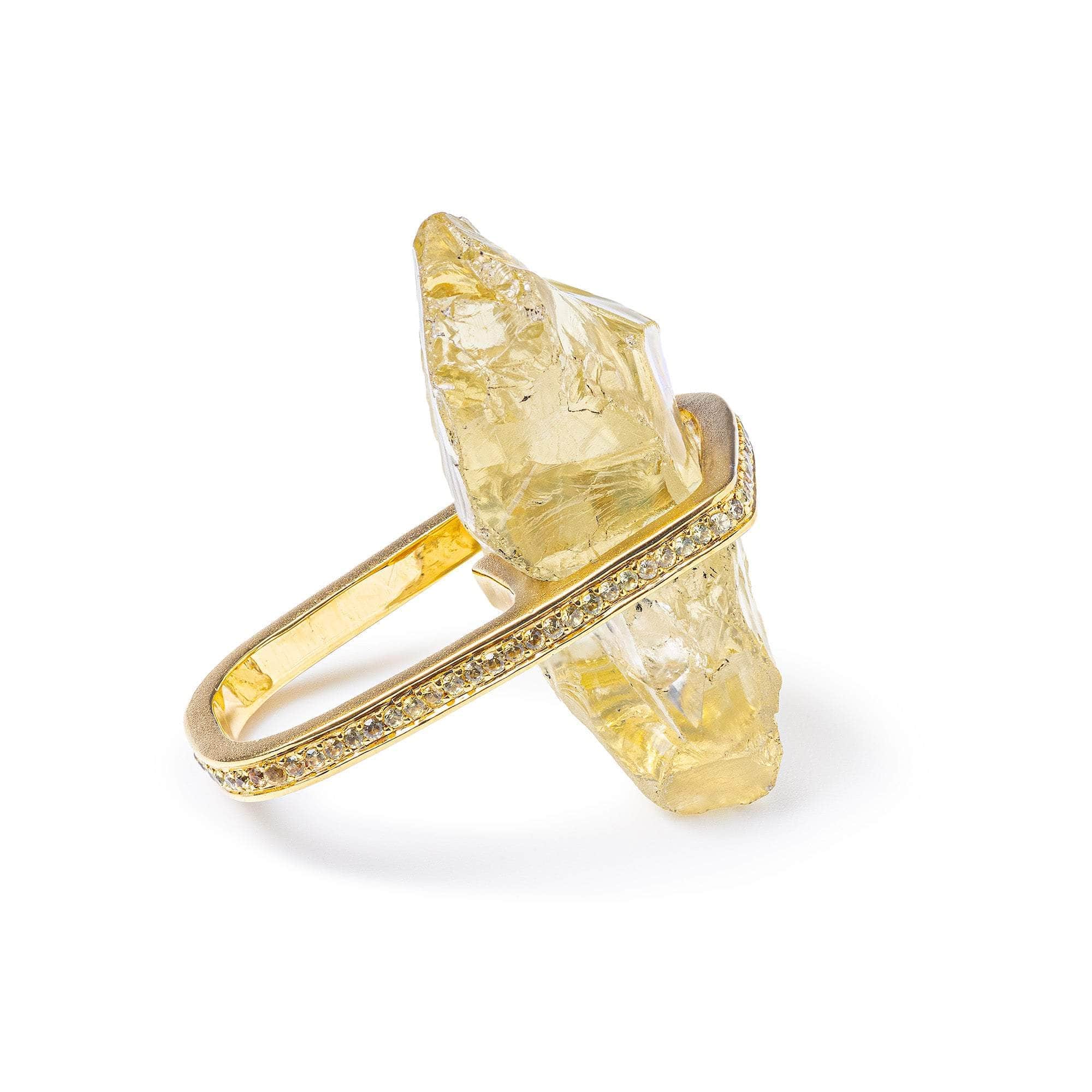 Yemaya Signature Gold-Plated Silver Ring with Rough Lemon Quartz & Sapphire