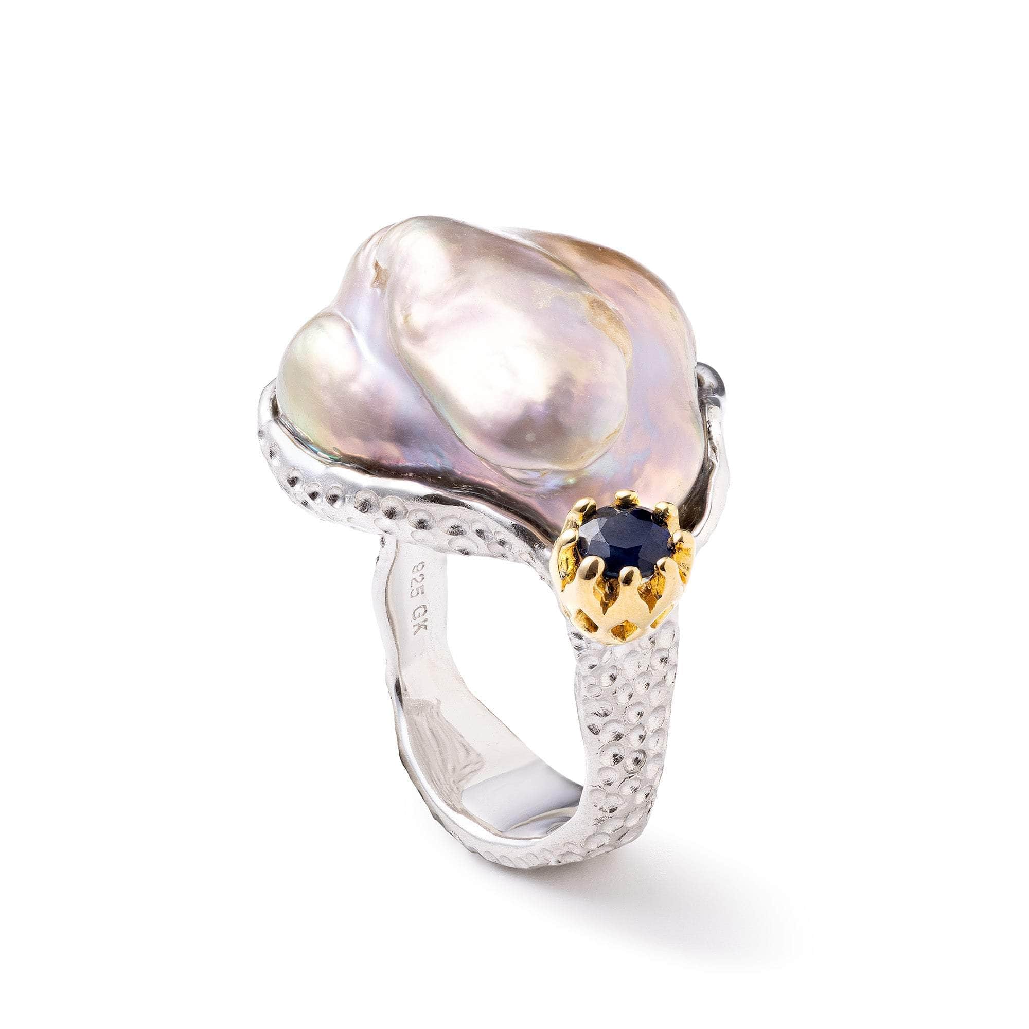 Salween Textured Silver Ring with Natural Baroque Pearl and Blue Ring