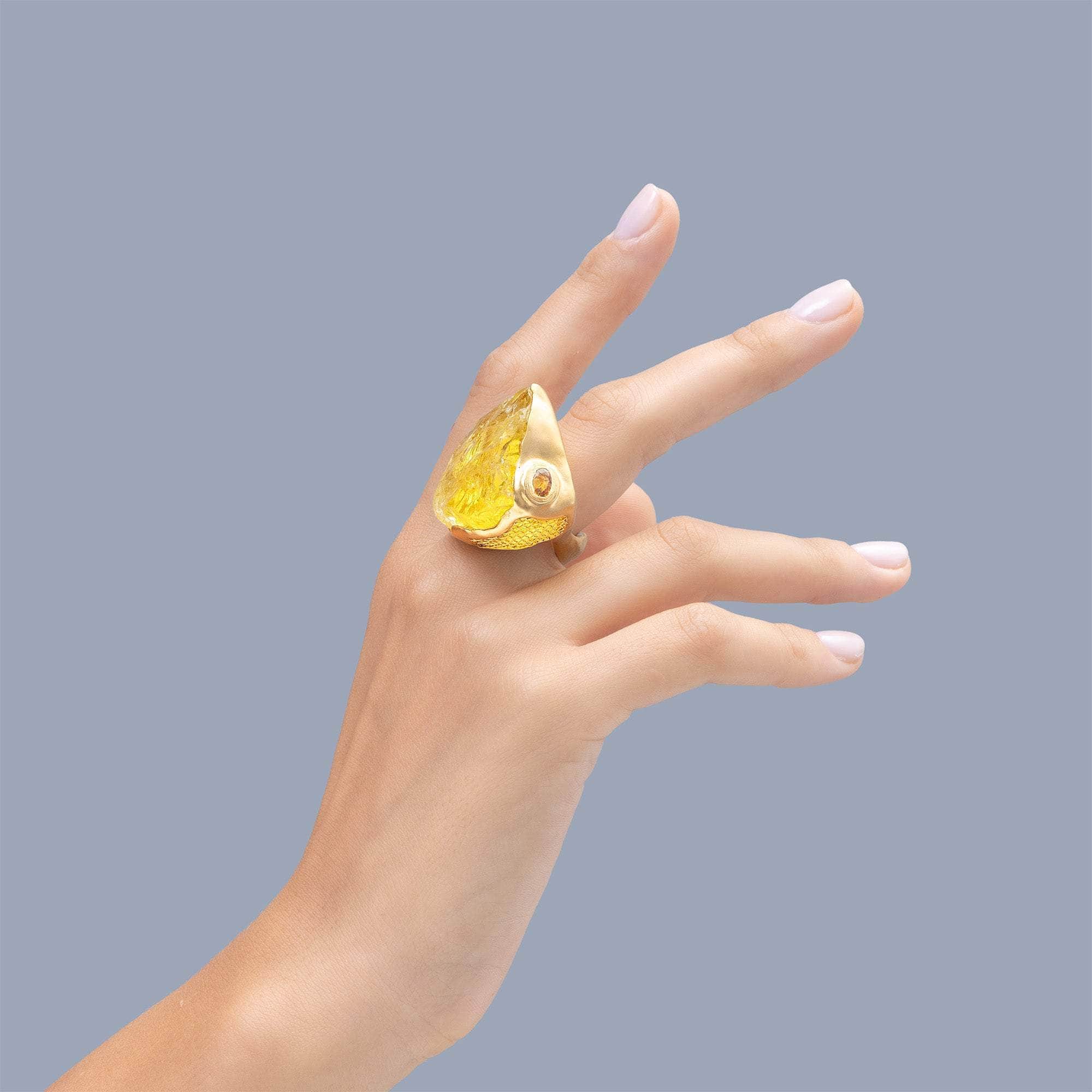 Edasich Rough Lemon Quartz and Sapphire Ring