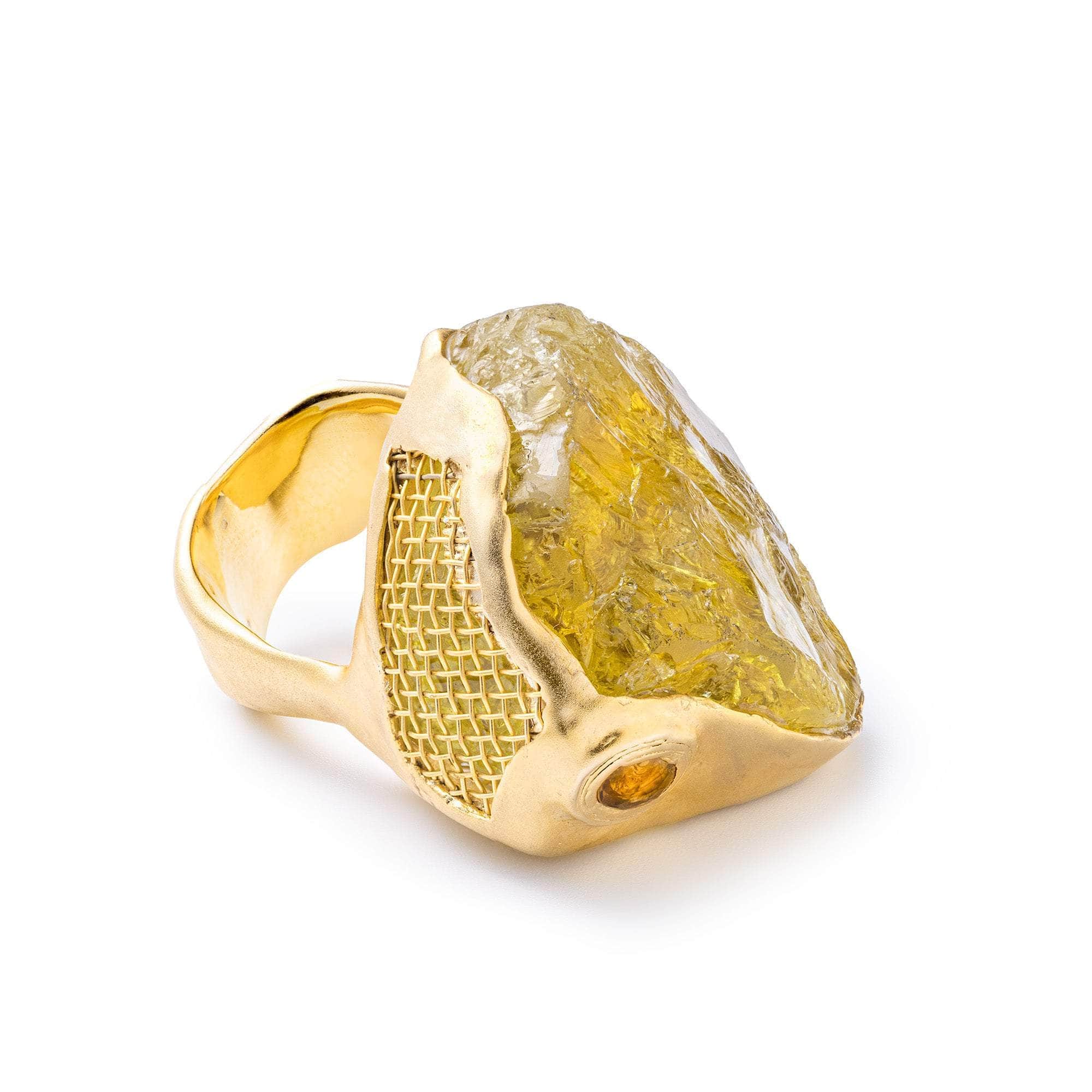 Edasich Rough Lemon Quartz and Sapphire Ring