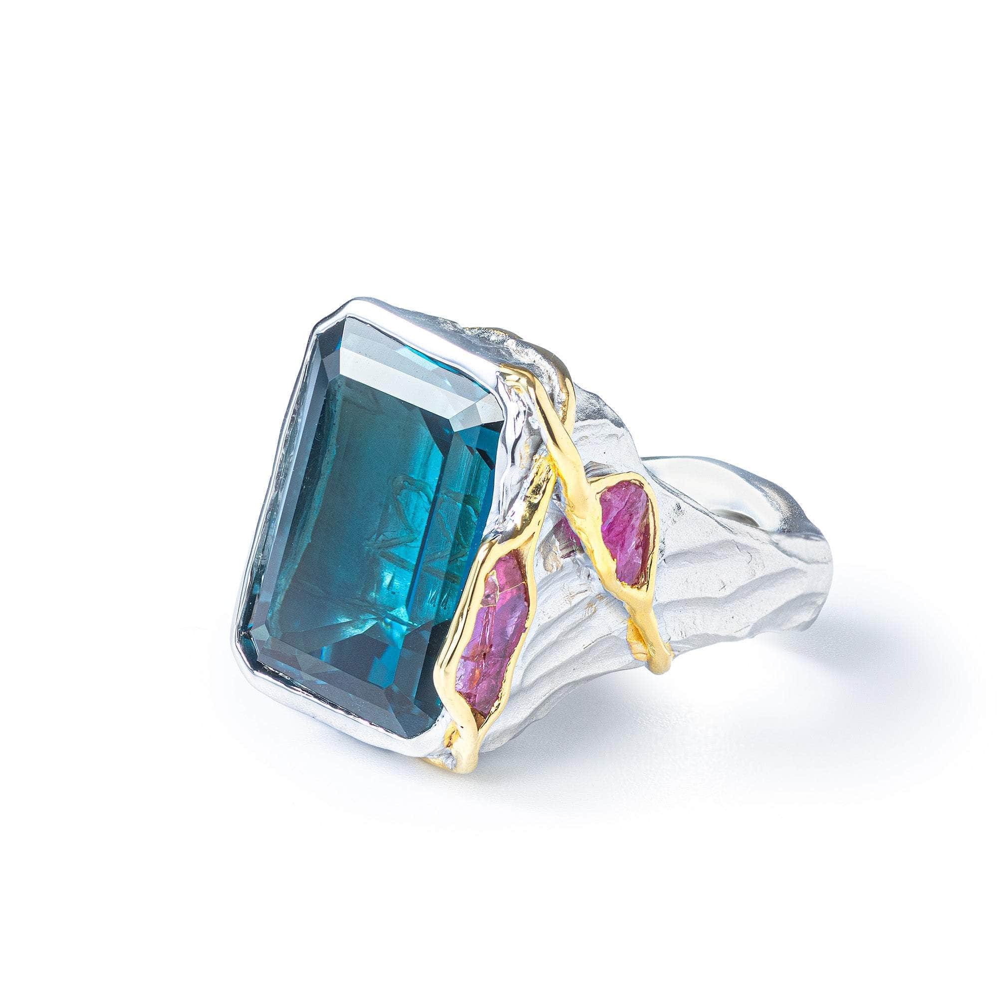 Ludger Blue Topaz and Rough Ruby Ring