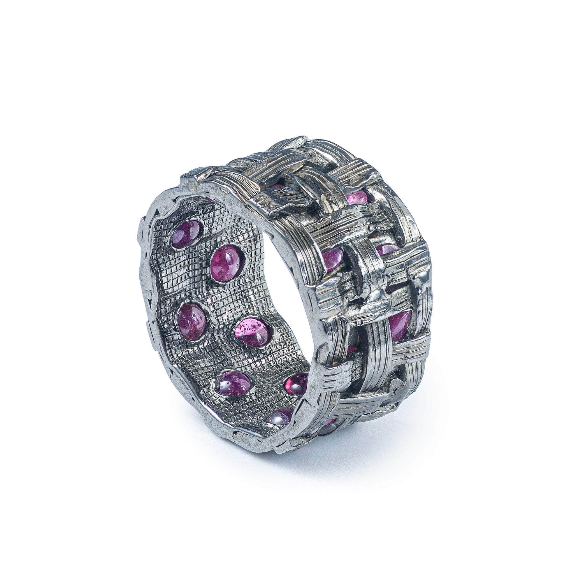 Whatu Woven 925 Silver Egoist Ring With Natural Ruby on Inner Surface