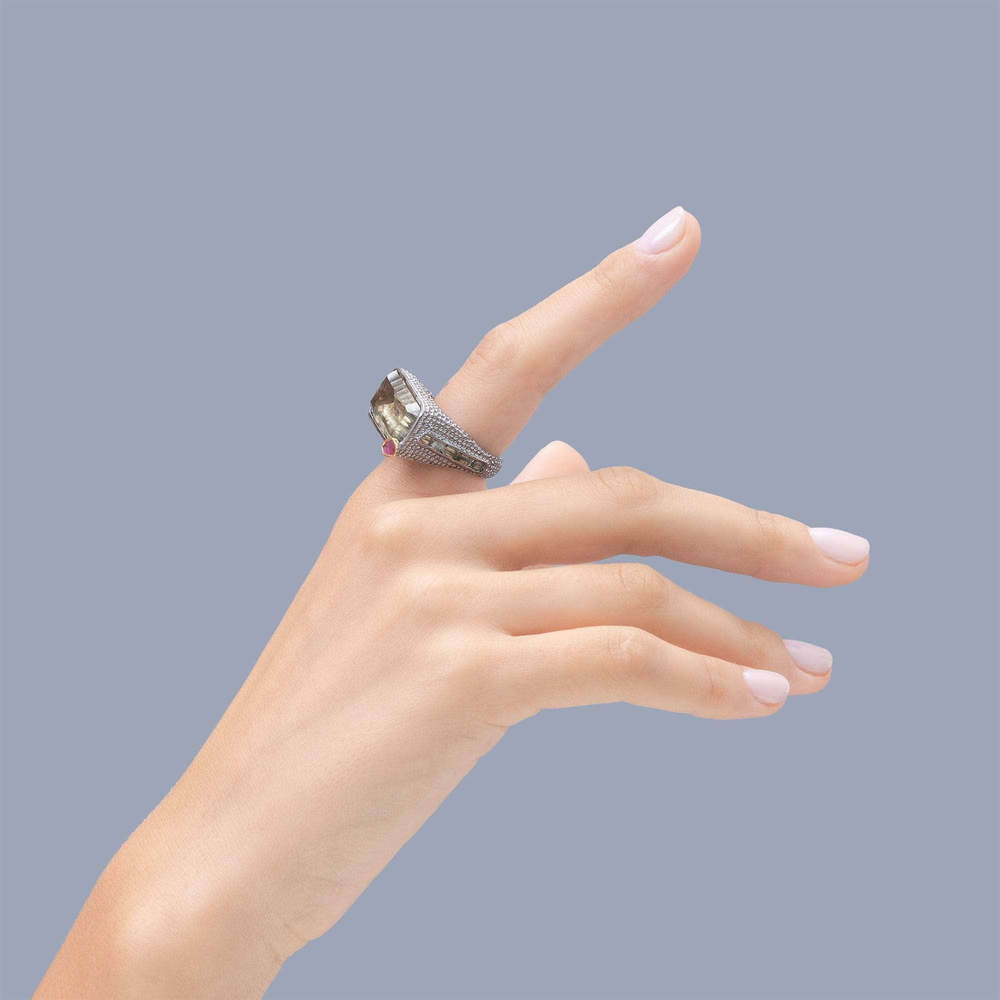 Kariba Singular Edition Ring with Natural Green Amethyst, Sapphire & Rough Ruby