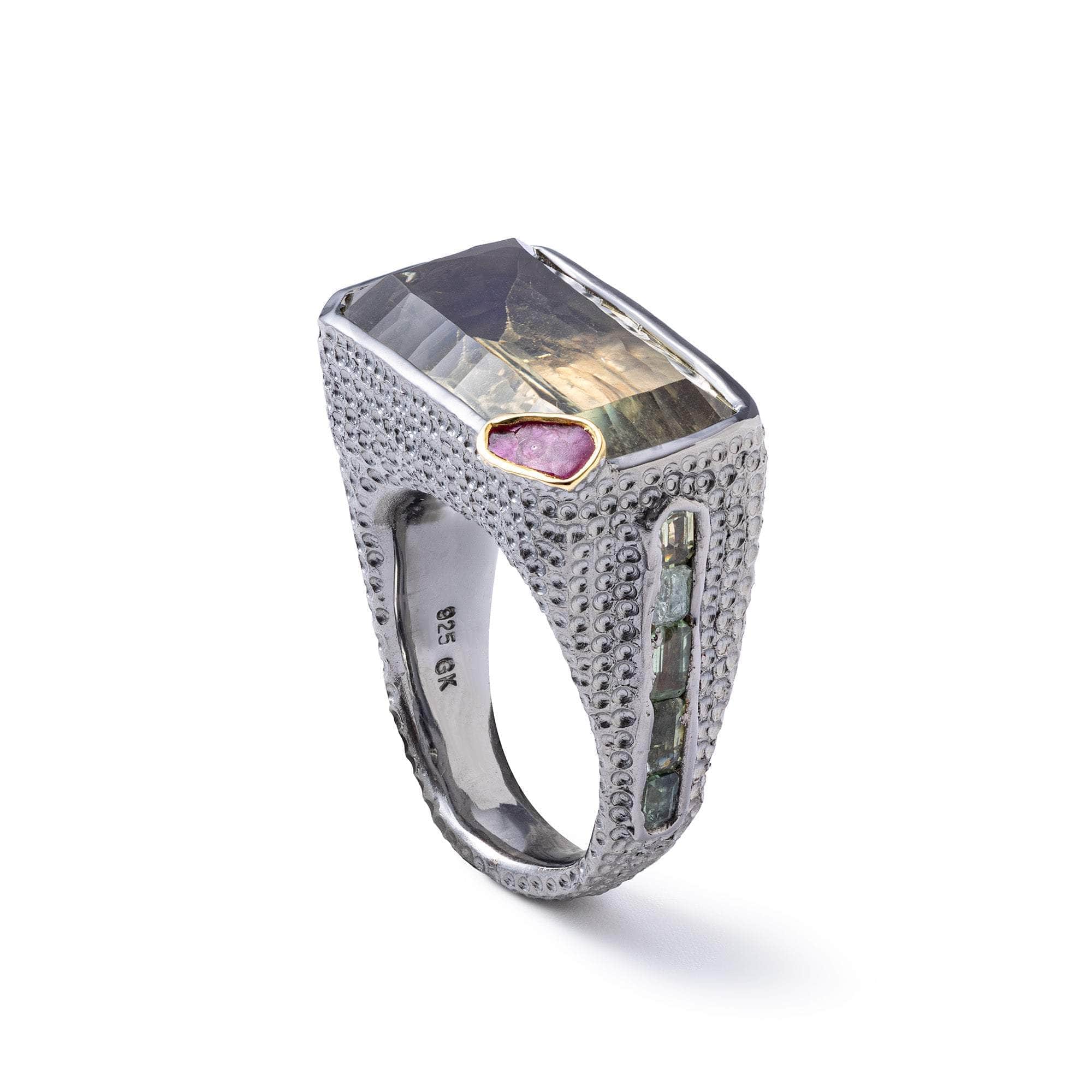 Kariba Singular Edition Ring with Natural Green Amethyst, Sapphire & Rough Ruby