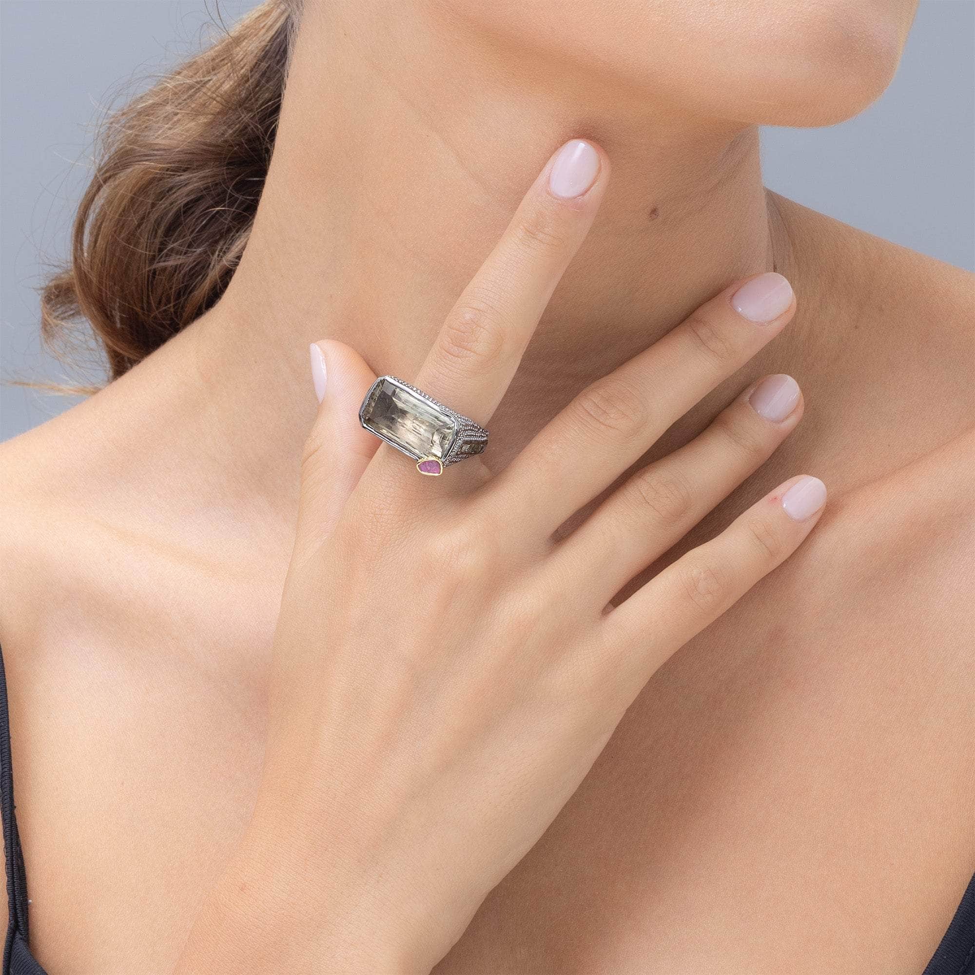 Kariba Singular Edition Ring with Natural Green Amethyst, Sapphire & Rough Ruby