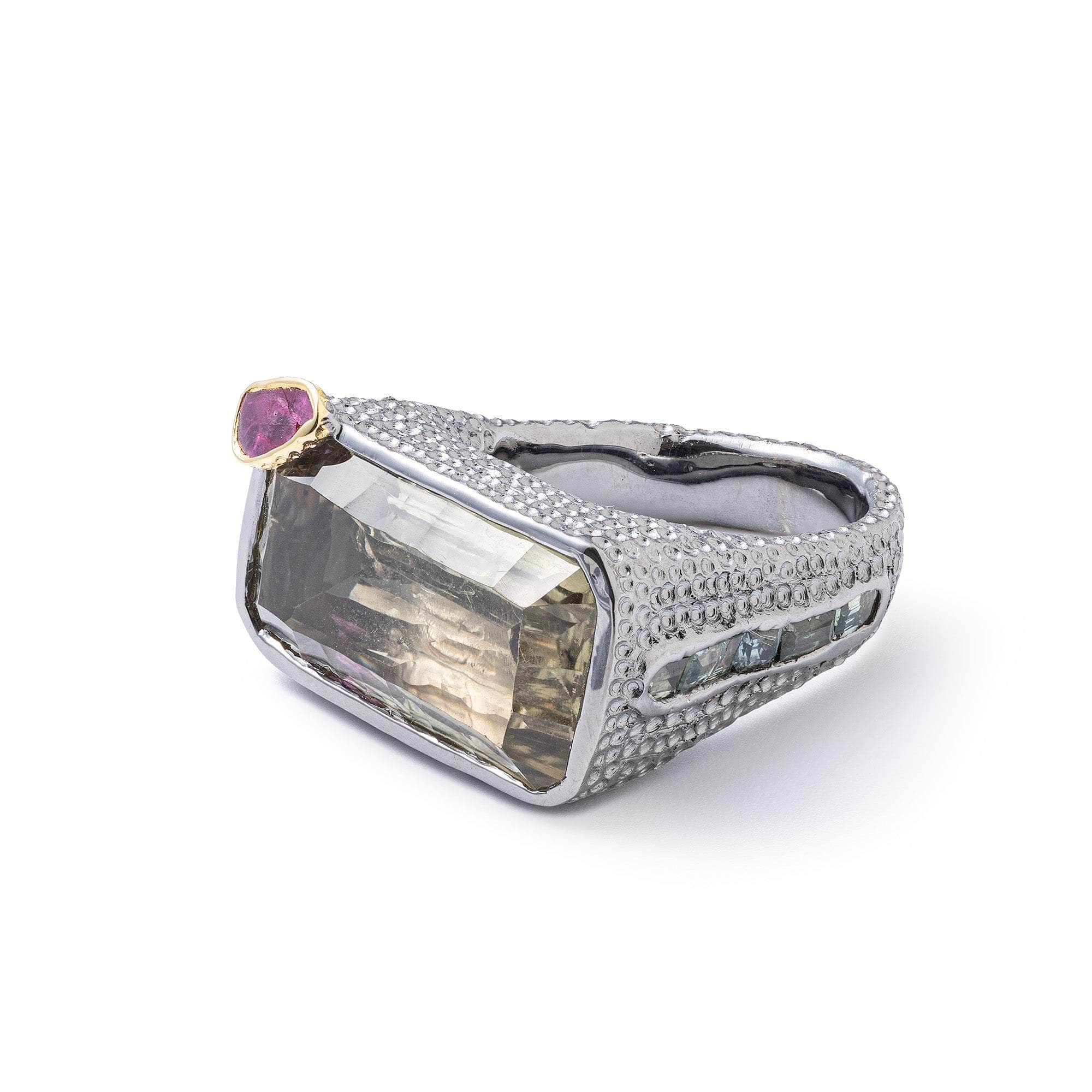 Kariba Singular Edition Ring with Natural Green Amethyst, Sapphire & Rough Ruby
