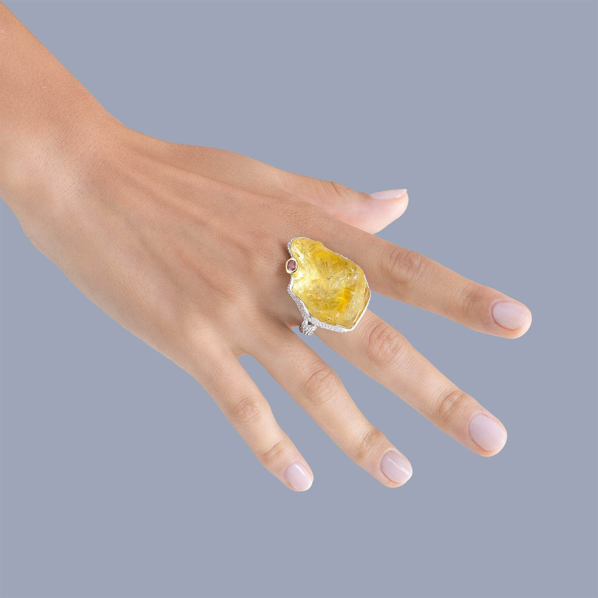 Meru Rough Lemon Quartz and Sapphire Ring