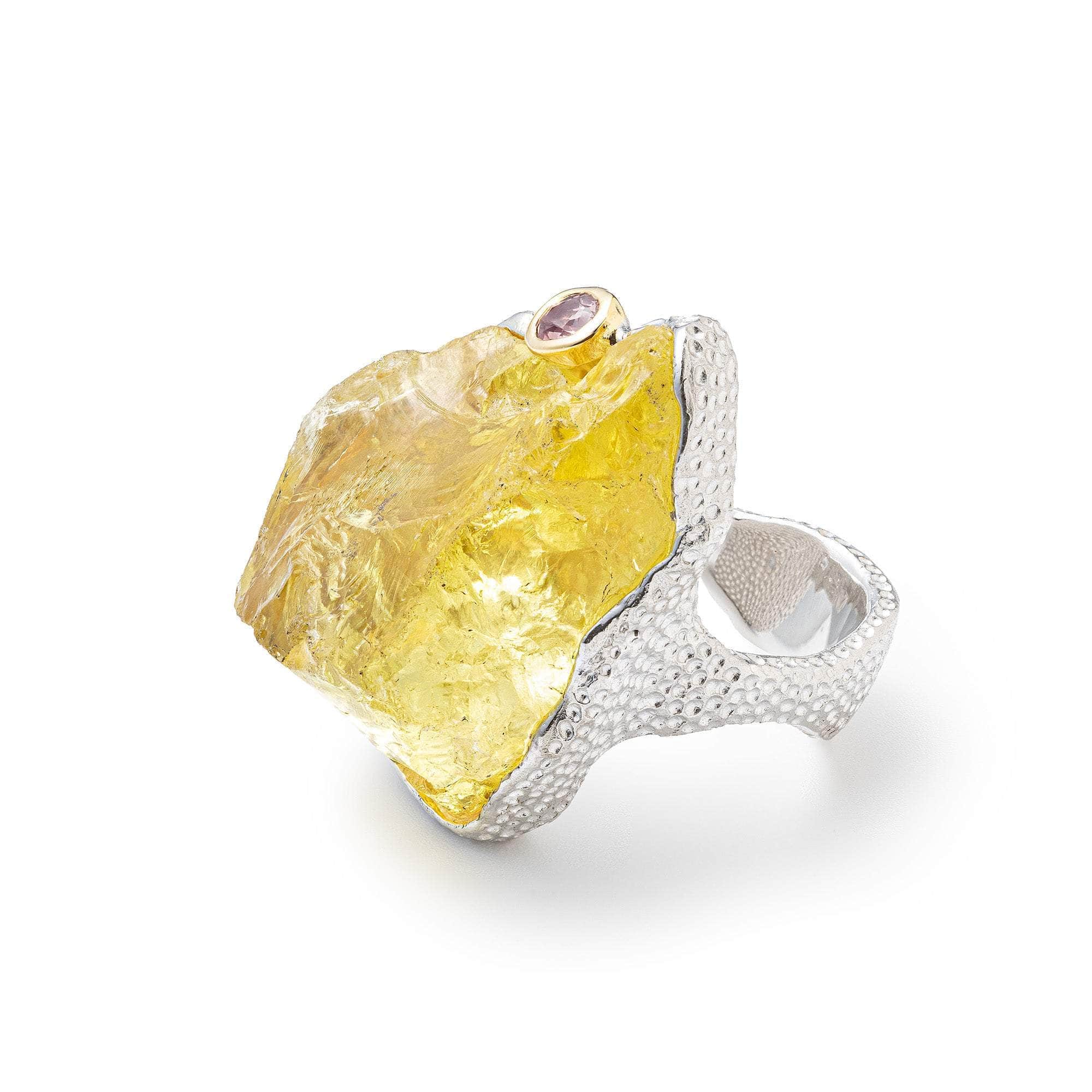 Meru Rough Lemon Quartz and Sapphire Ring