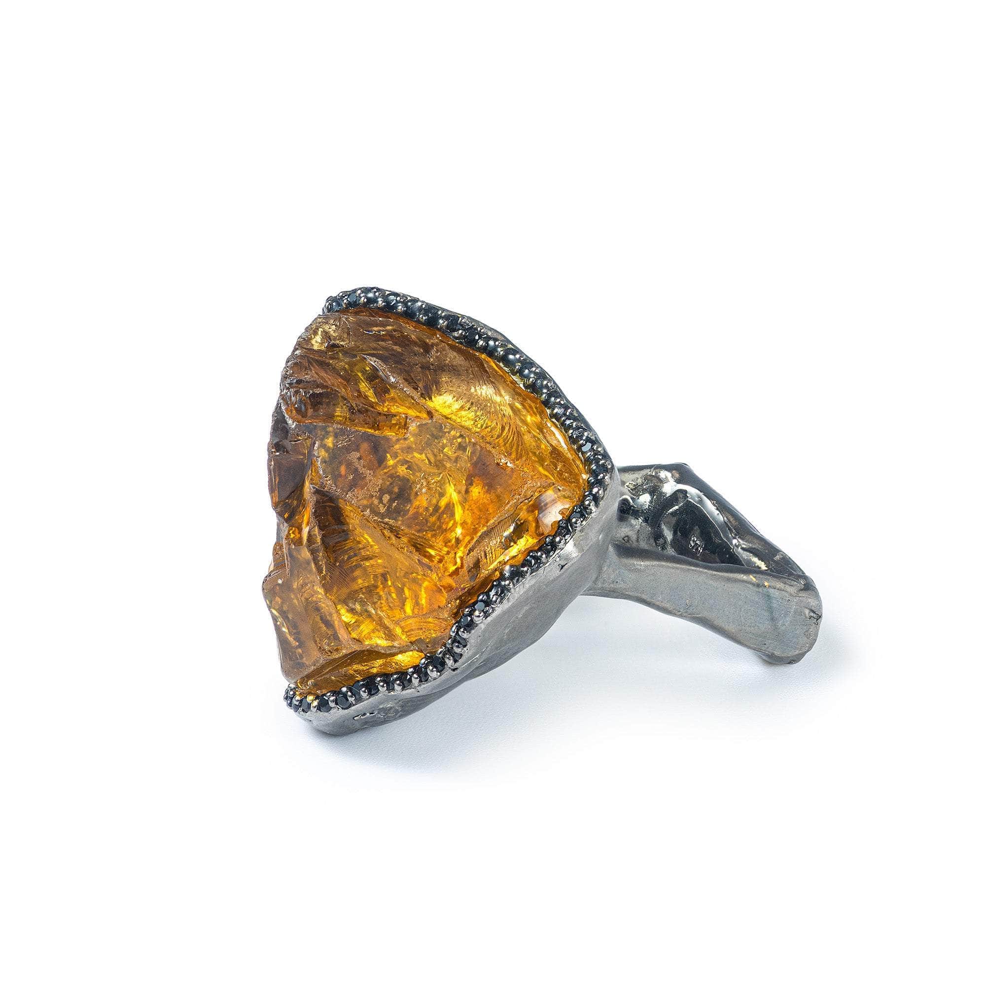 Hilda Singular Edition Chunky Rough Citrine and Black Spinel Ring in 925 Sterling Silver