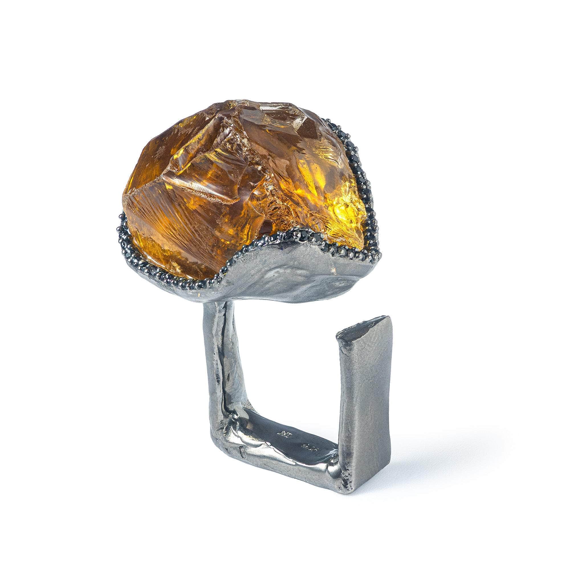 Hilda Singular Edition Chunky Rough Citrine and Black Spinel Ring in 925 Sterling Silver