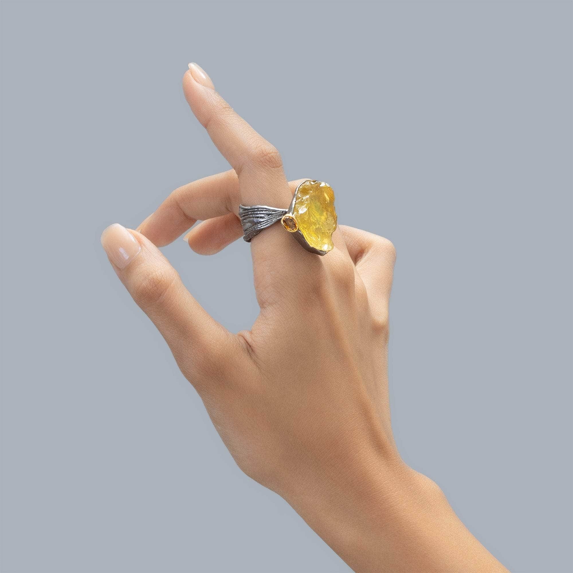 Merak Rough Lemon Quartz and Sapphire Ring
