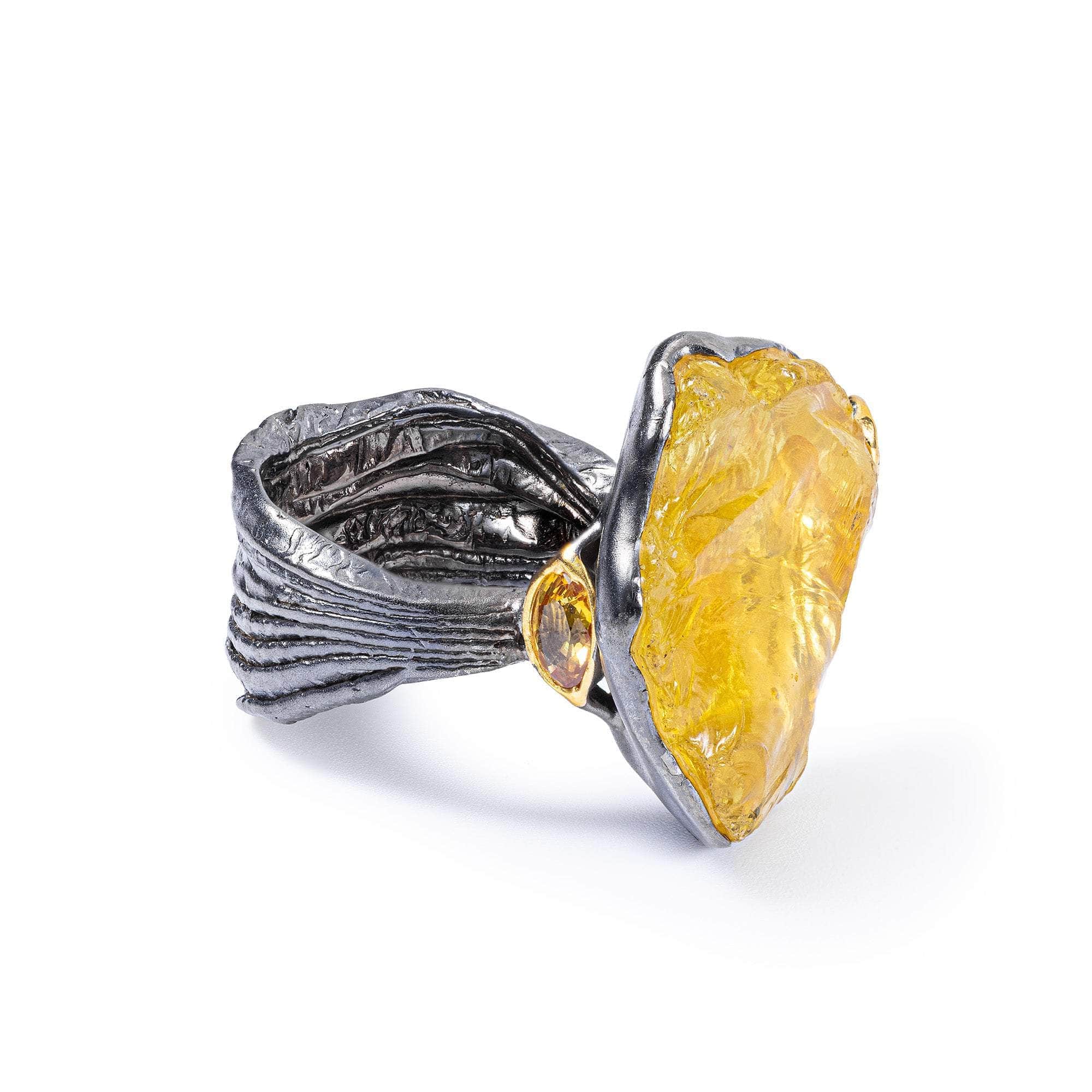 Merak Rough Lemon Quartz and Sapphire Ring