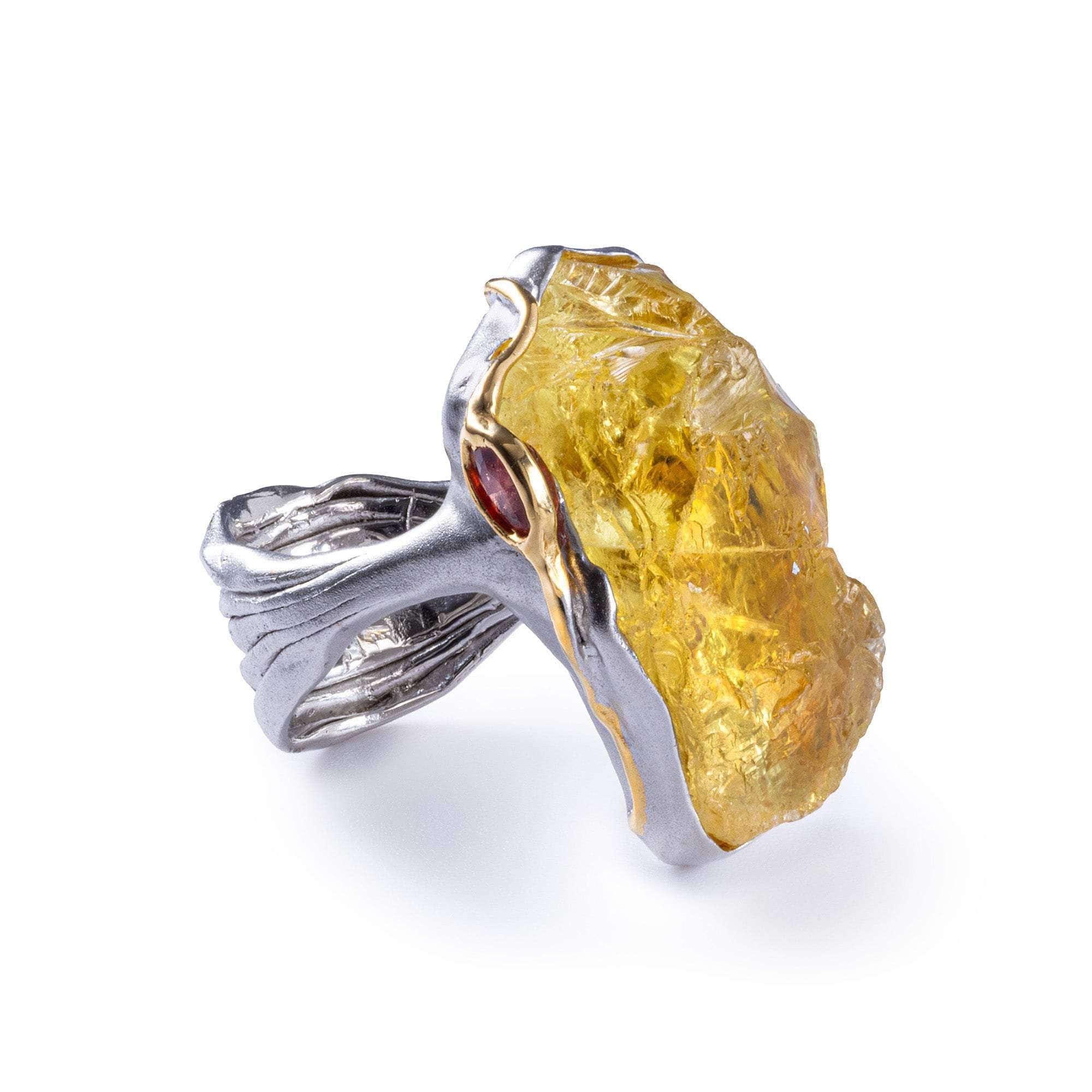 Spica Rough Lemon Quartz and Sapphire Ring