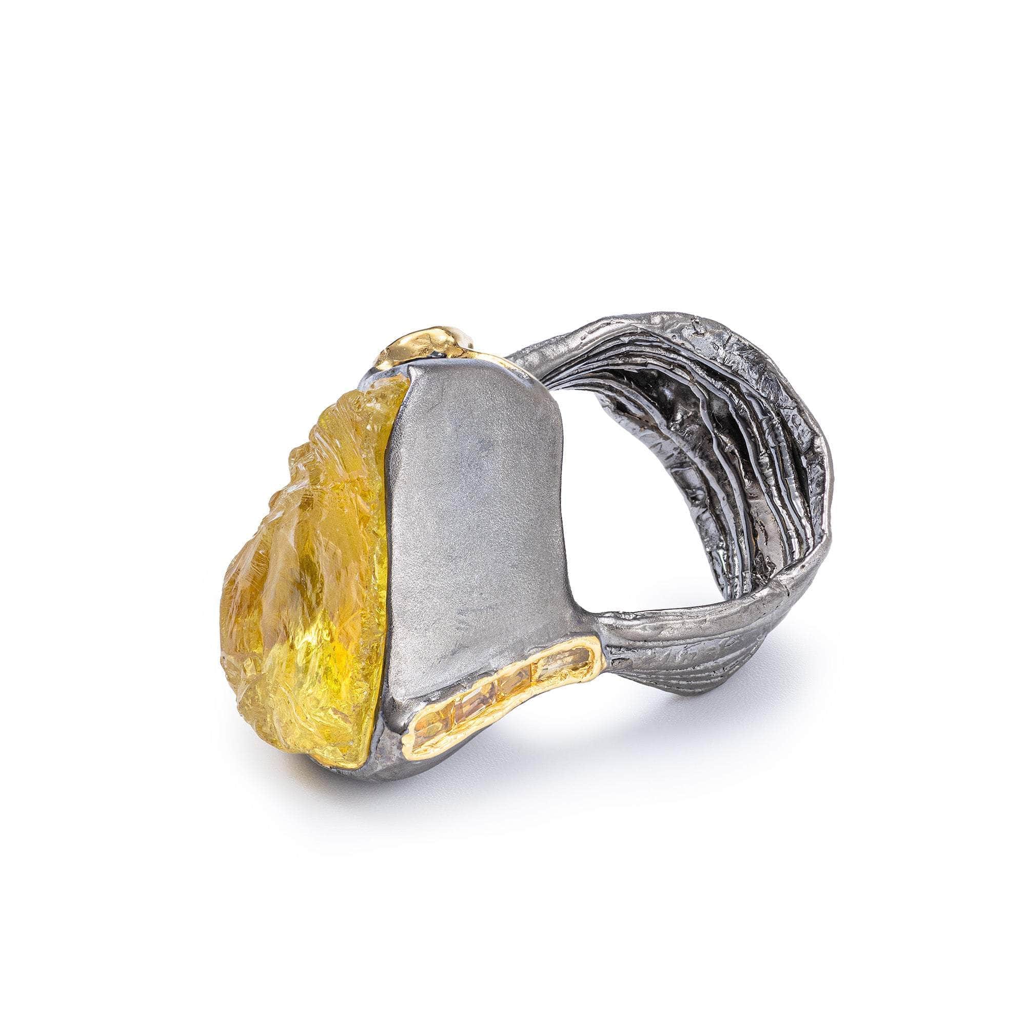 Alhena Singular Edition Handcrafted 925 Silver Ring with Rough Lemon Quartz & Blue Sapphire