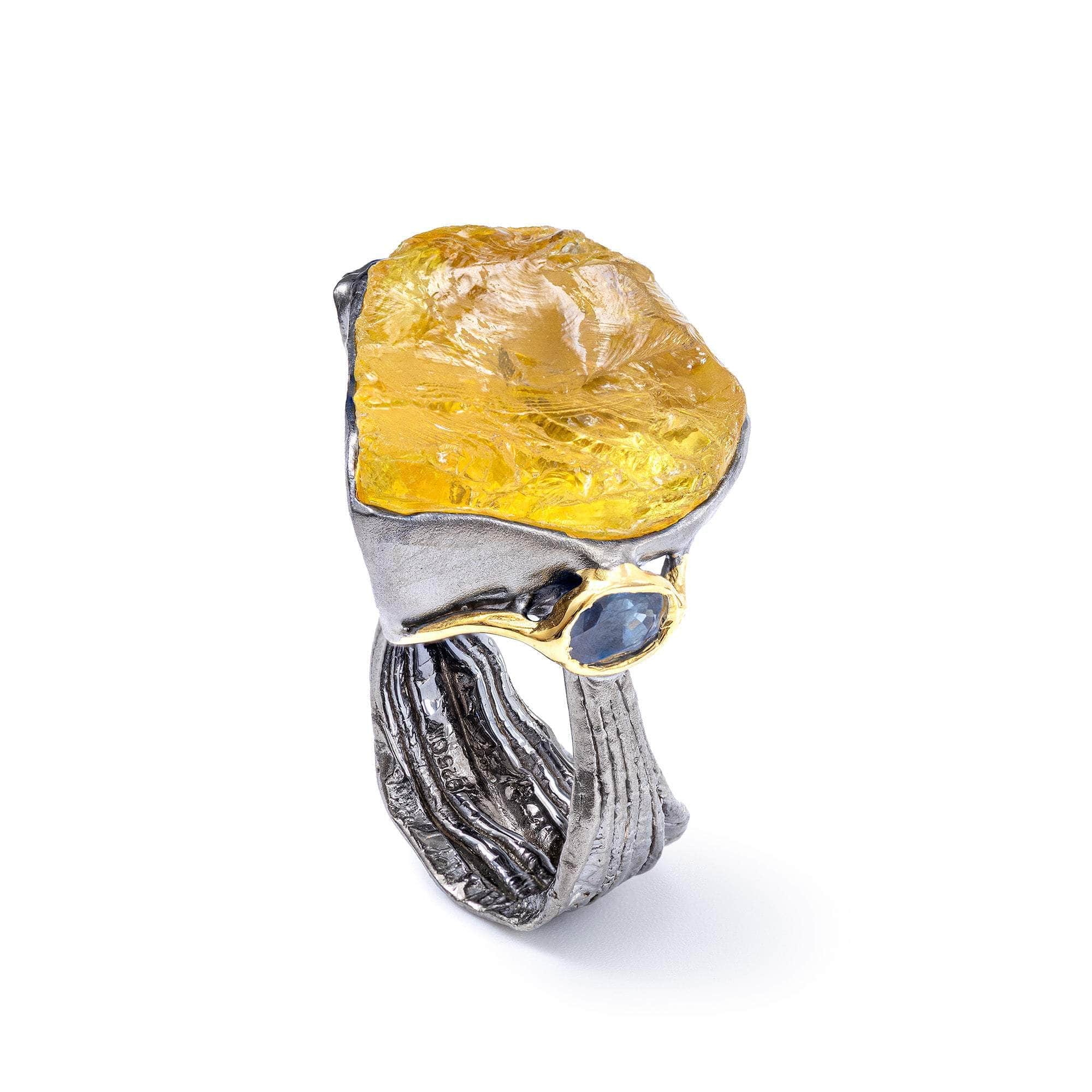 Alhena Singular Edition Handcrafted 925 Silver Ring with Rough Lemon Quartz & Blue Sapphire
