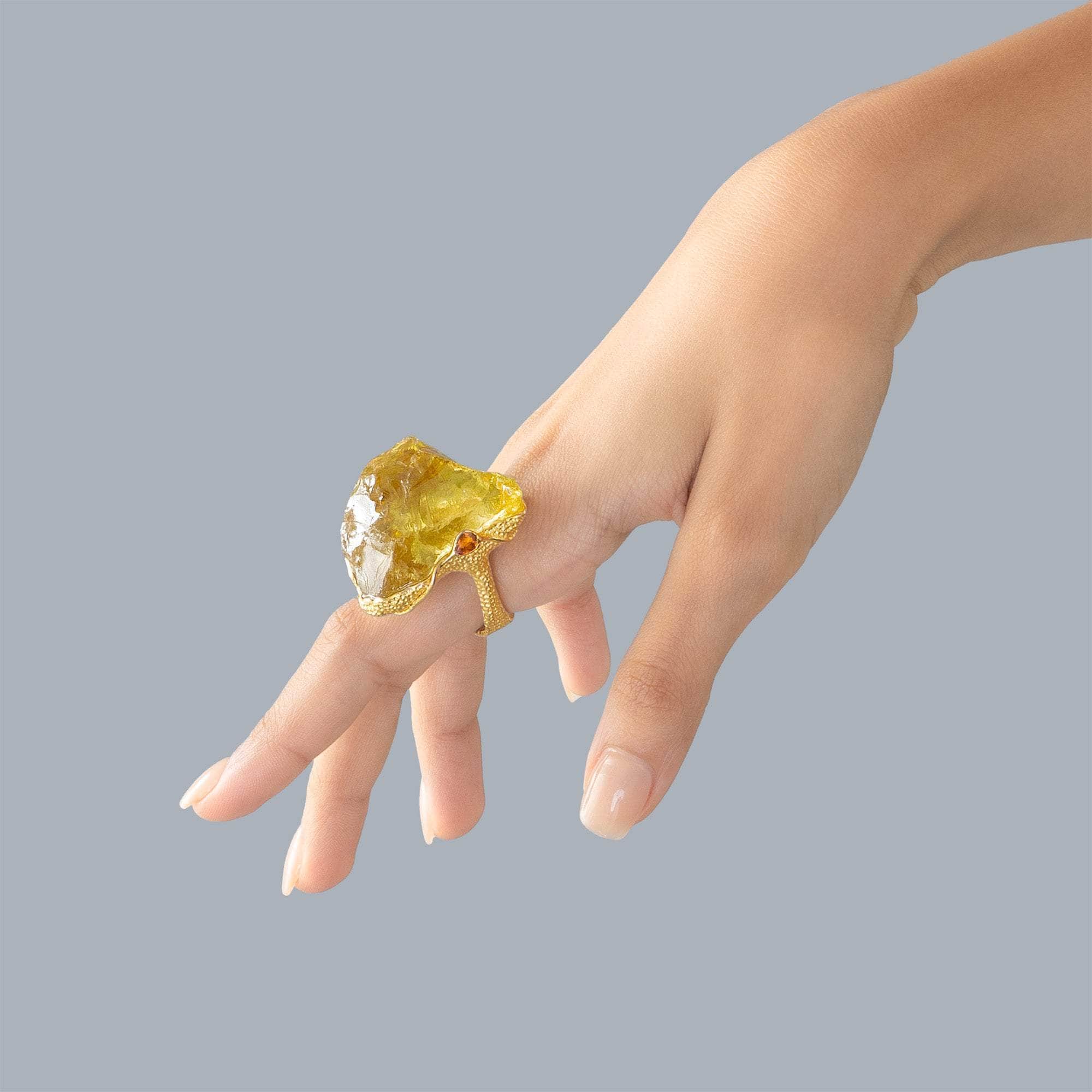Regulus Handmade Gold-Plated 925 Silver Ring with Rough Lemon Quartz & Orange Sapphire