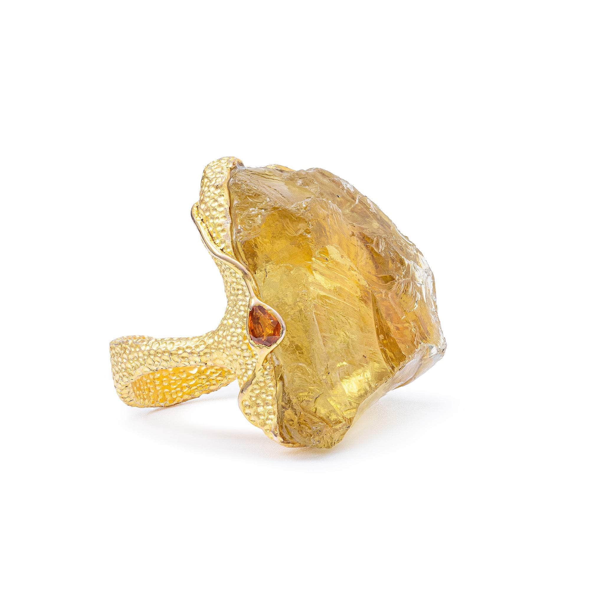 Regulus Handmade Gold-Plated 925 Silver Ring with Rough Lemon Quartz & Orange Sapphire
