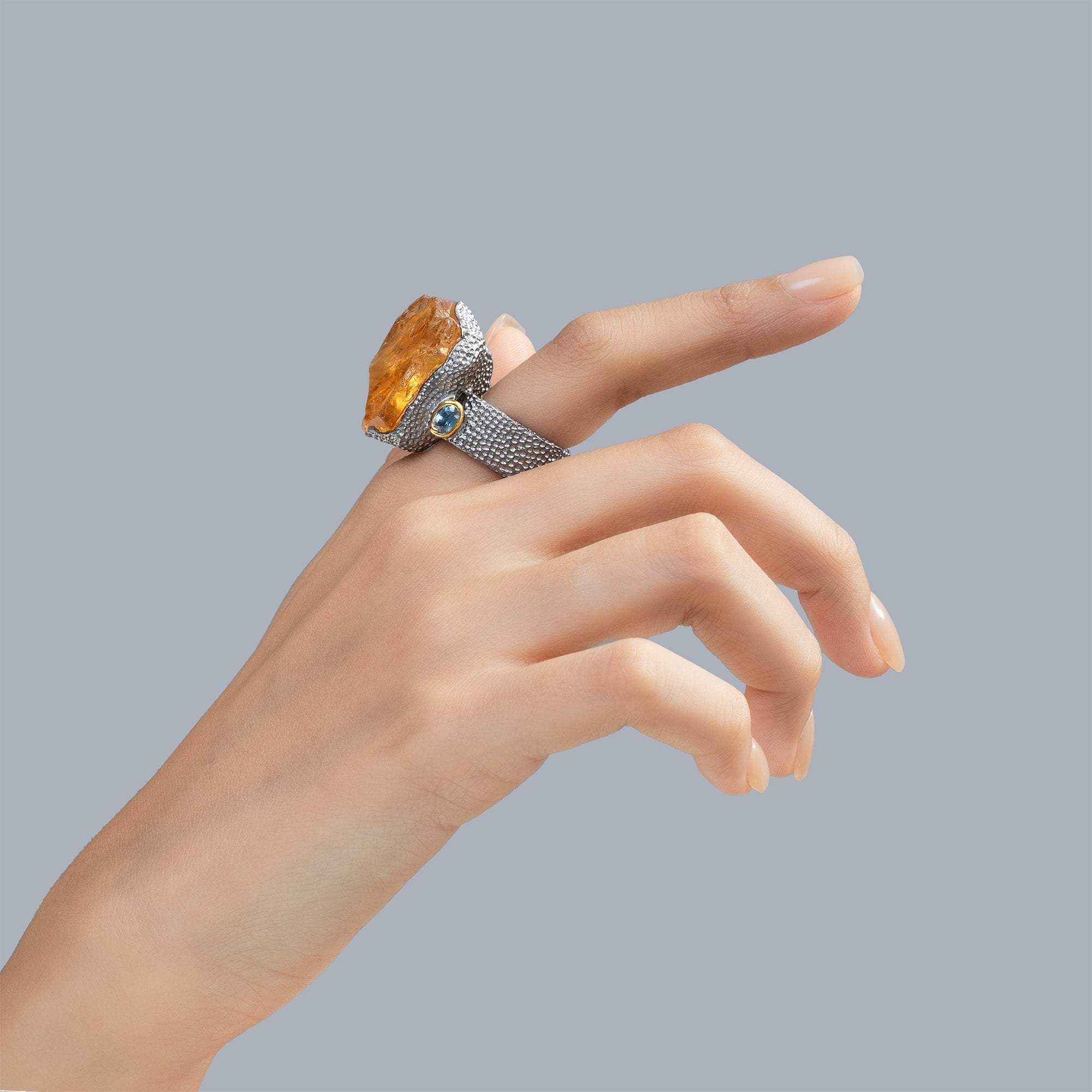 Mizar Handmade Textured 925 Silver Ring with Rough Citrine & Blue Sapphire