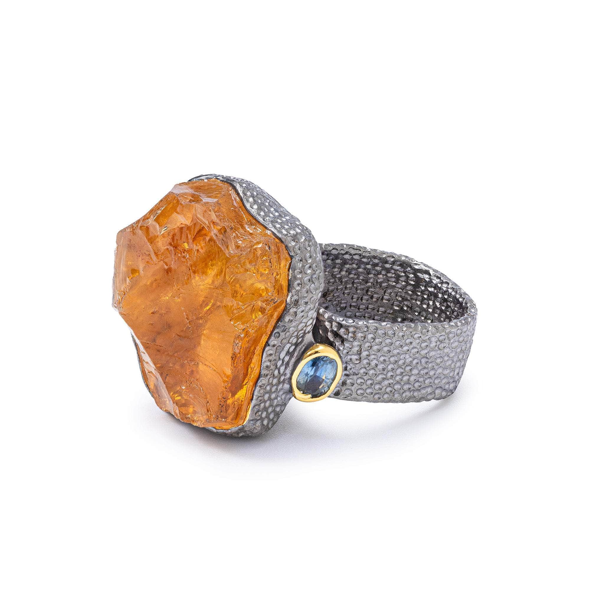 Mizar Handmade Textured 925 Silver Ring with Rough Citrine & Blue Sapphire