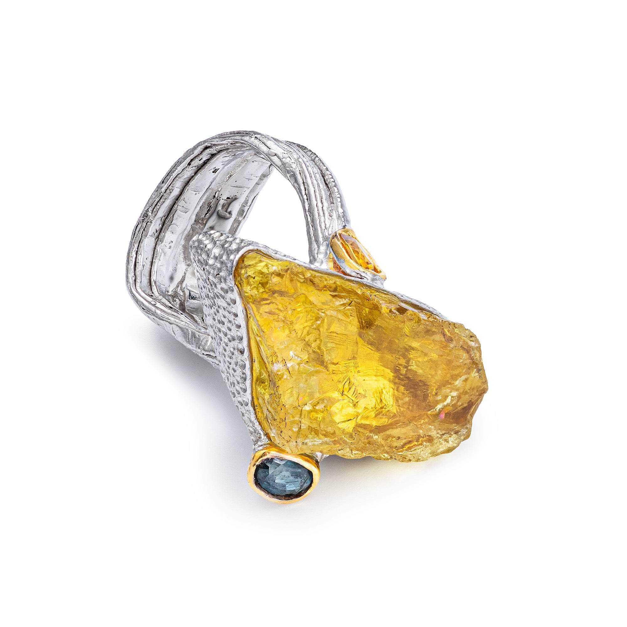 Castor Handmade Singular Design 925 Silver Ring with Rough Lemon Quartz & Blue Sapphire