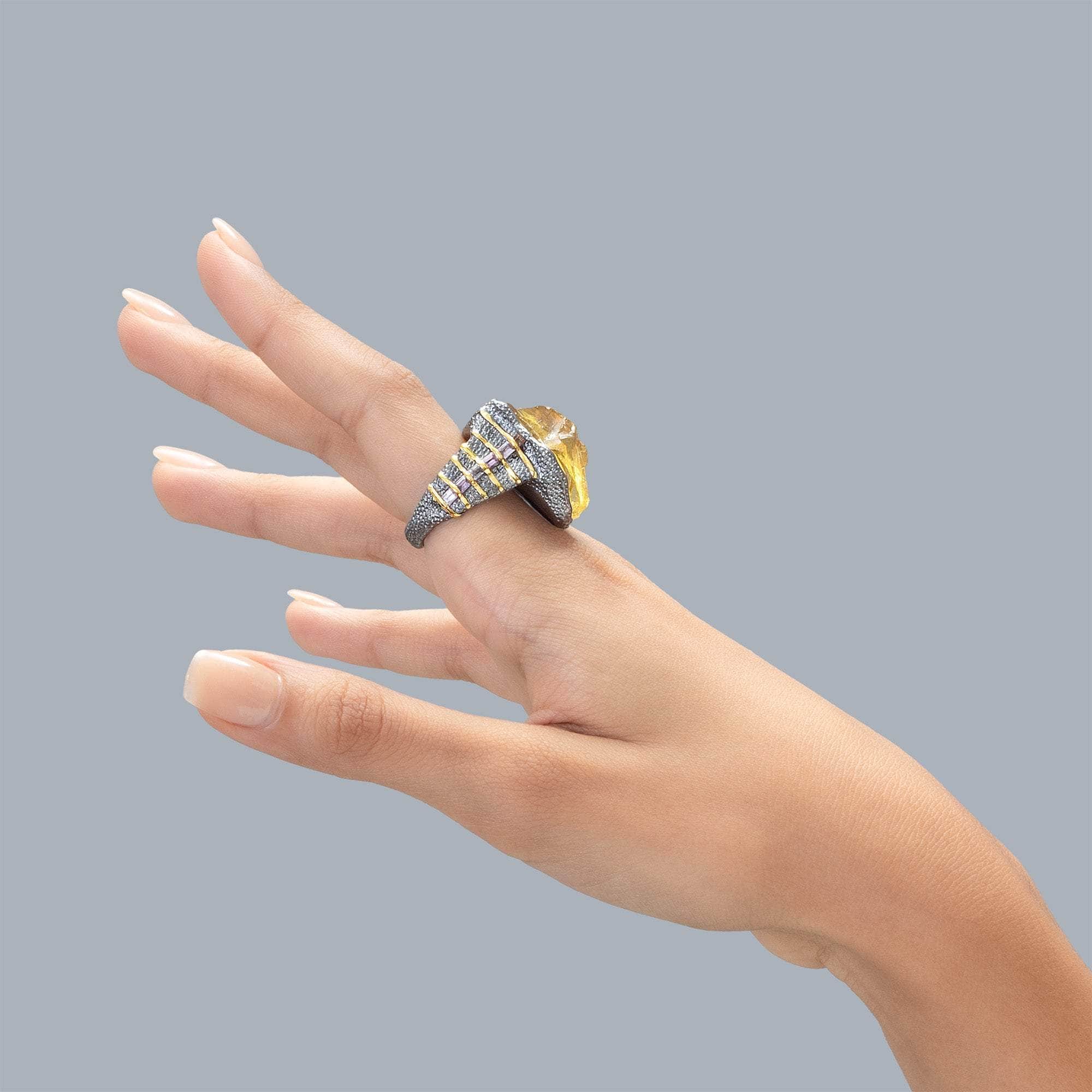 Elnath Singular Edition Handmade 925 Silver Ring with Rough Lemon Quartz & Pink Sapphire