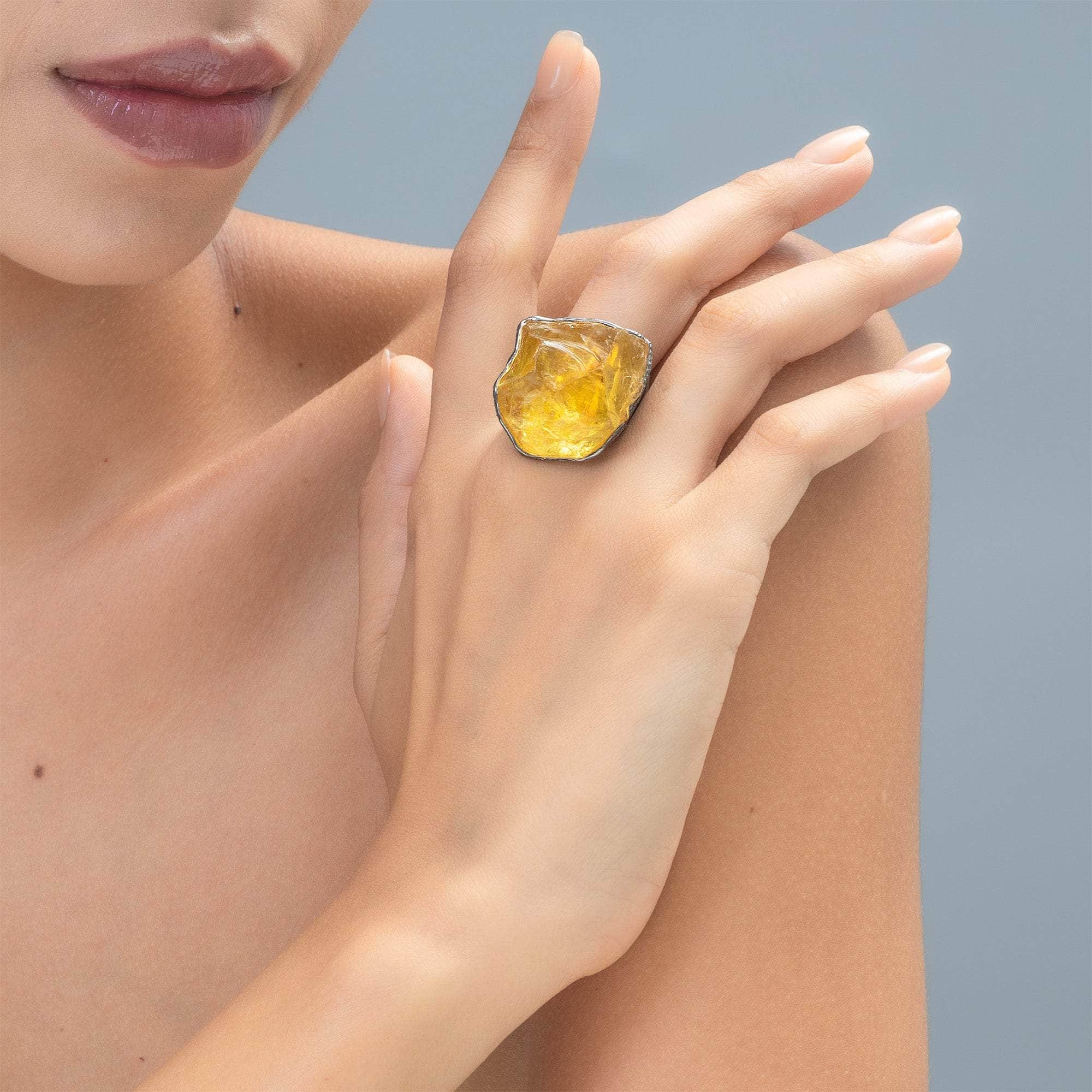 Elnath Singular Edition Handmade 925 Silver Ring with Rough Lemon Quartz & Pink Sapphire