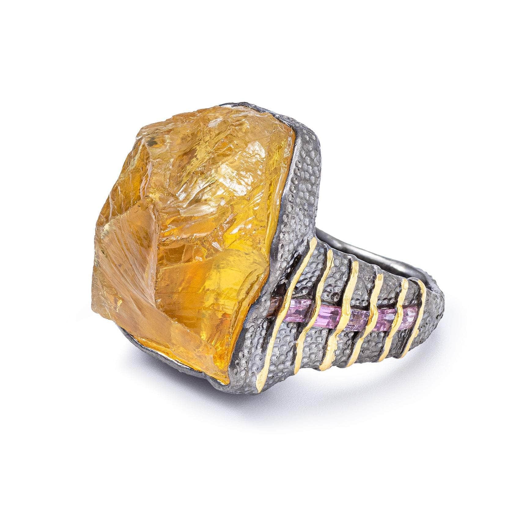 Elnath Singular Edition Handmade 925 Silver Ring with Rough Lemon Quartz & Pink Sapphire