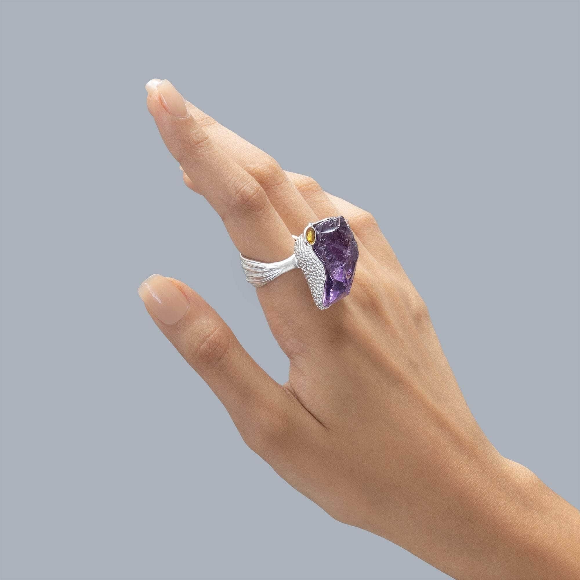 Algol Singular Statement Ring with Natural Rough Amethyst & Sapphire in 925 Silver