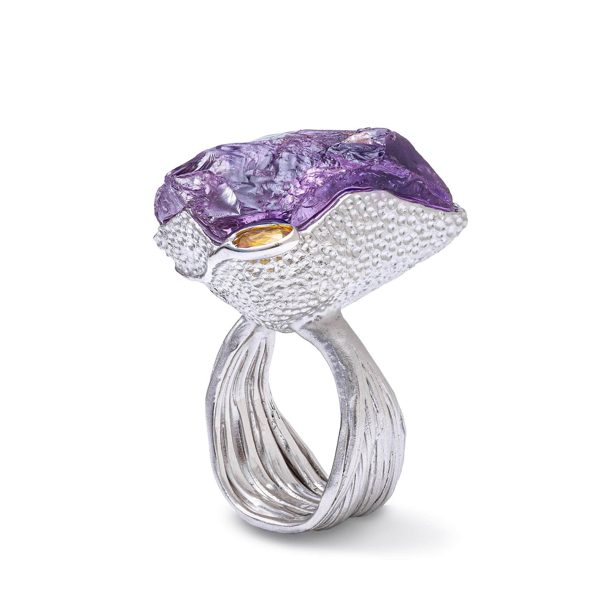 Algol Singular Statement Ring with Natural Rough Amethyst & Sapphire in 925 Silver