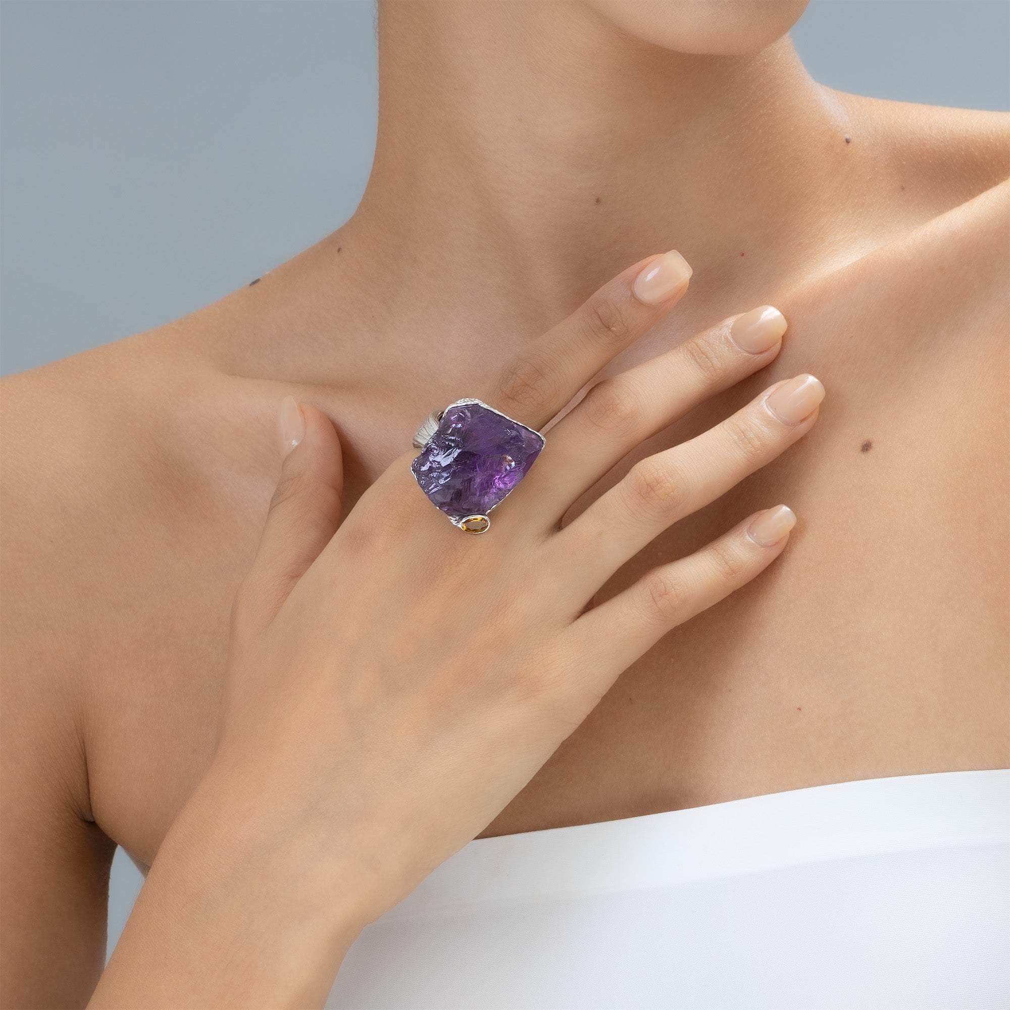 Algol Singular Statement Ring with Natural Rough Amethyst & Sapphire in 925 Silver