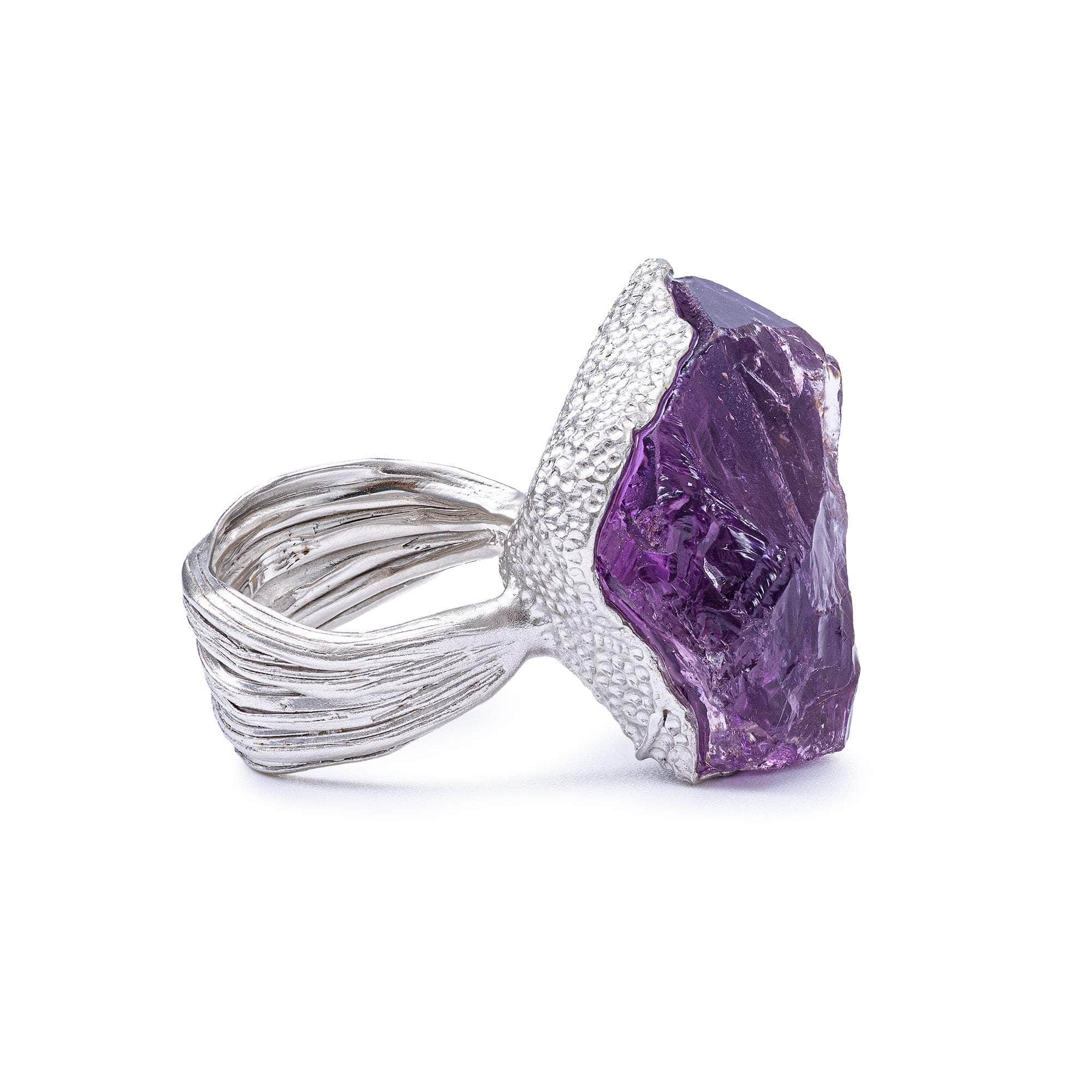 Algol Singular Statement Ring with Natural Rough Amethyst & Sapphire in 925 Silver