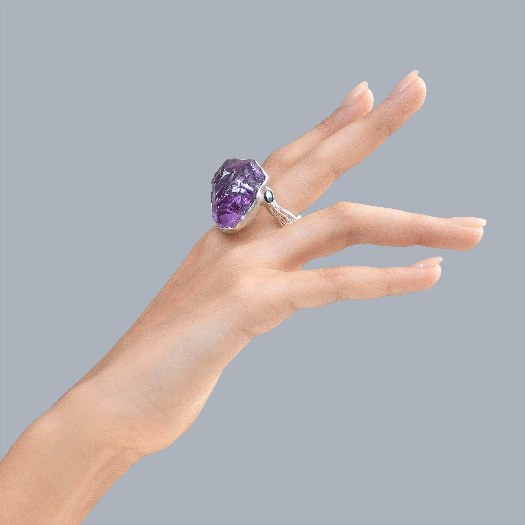 Mira Singular Edition 925 Sterling Silver Ring with Rough Amethyst & Blue Sapphire