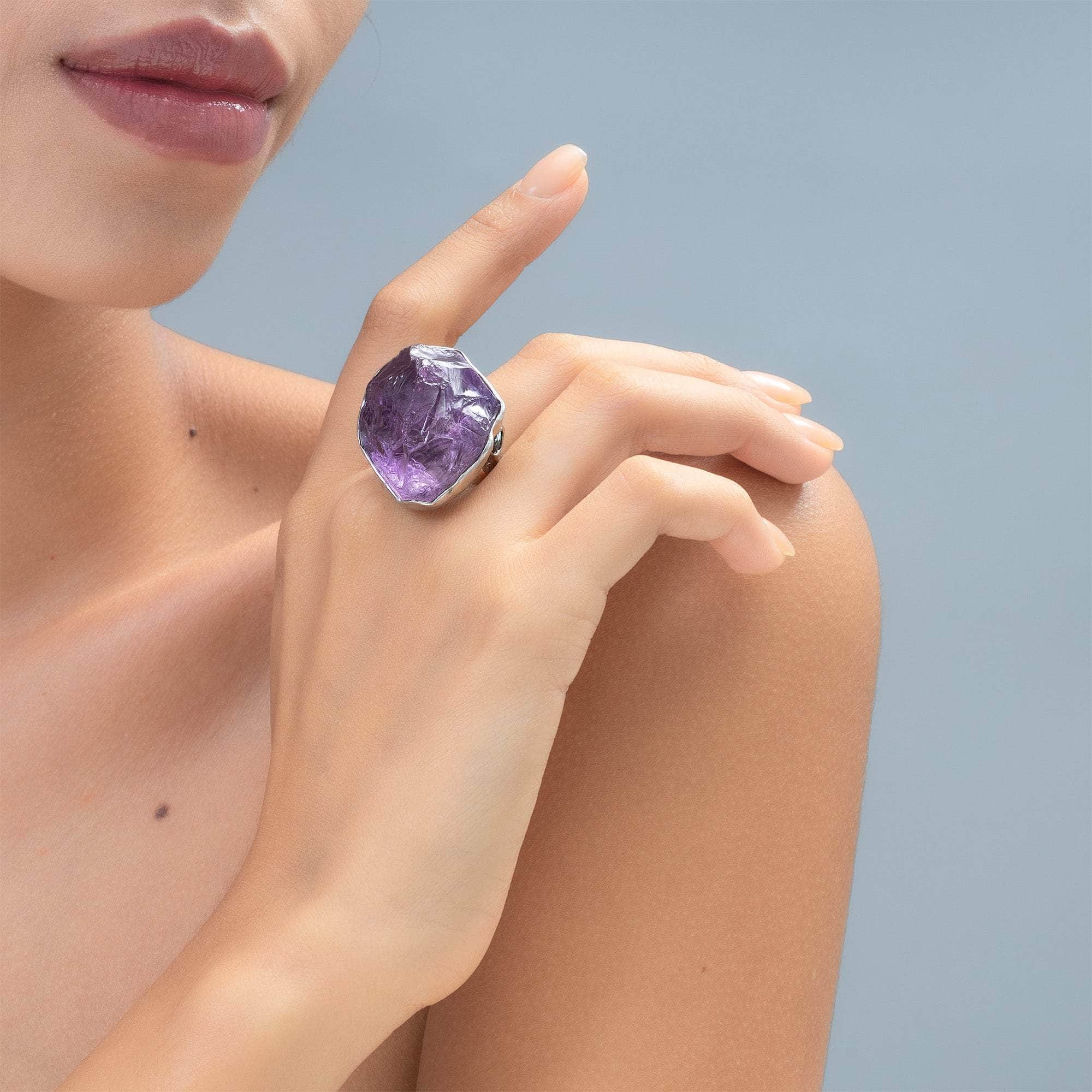 Mira Singular Edition 925 Sterling Silver Ring with Rough Amethyst & Blue Sapphire