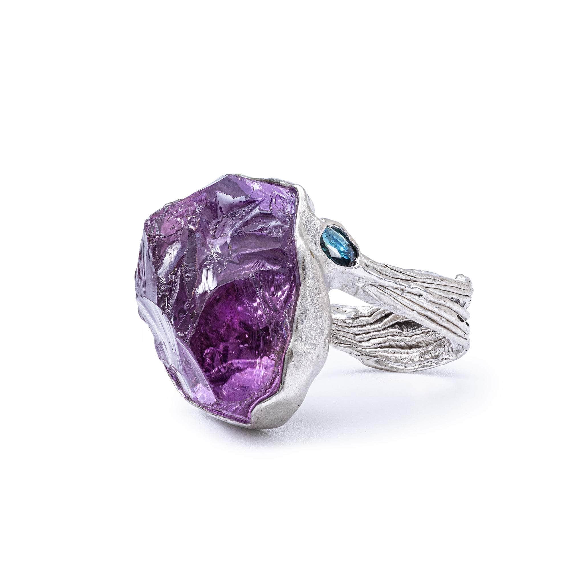 Mira Singular Edition 925 Sterling Silver Ring with Rough Amethyst & Blue Sapphire